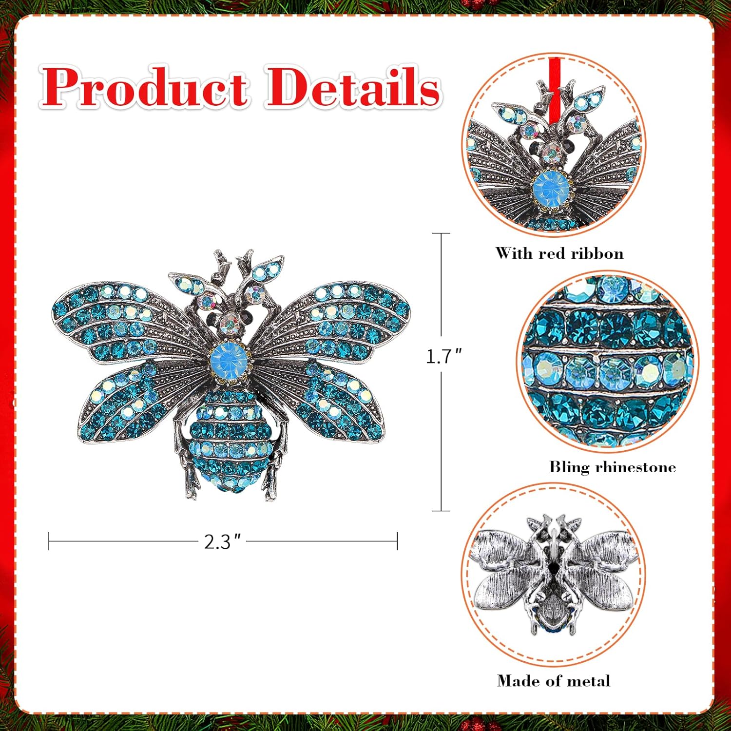 WaaHome Adornos de Navidad de abeja azul, decoración de abeja iridiscente, adornos de recuerdo de abeja de metal para decoraciones de árbol de