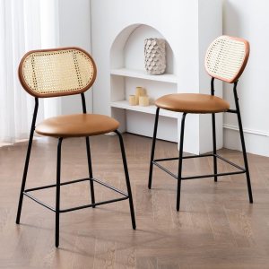 LUE BONA Juego de 2 taburetes de mimbre de piel sintética, respaldo de ratán y madera con patas de metal, modernos taburetes de bar tapizados LUE BONA Juego de 2 taburetes de mimbre de piel sintética, respaldo de ratán y madera con patas de metal, modernos taburetes de bar tapizados