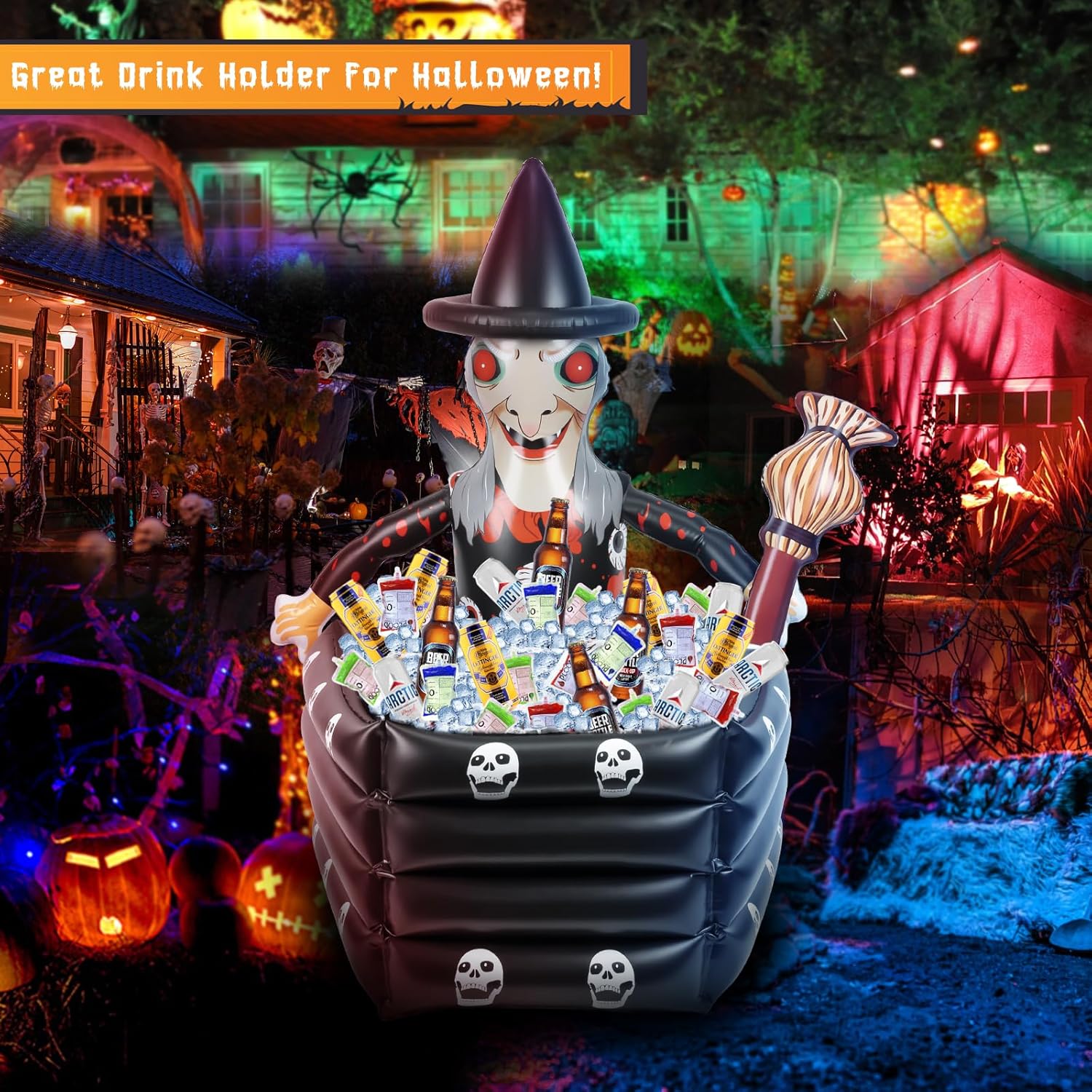 Enfriador inflable de Halloween, enfriador de bebidas grande de Halloween para fiesta de Halloween, 43 pulgadas, brujas, ataúd inflable, barra de