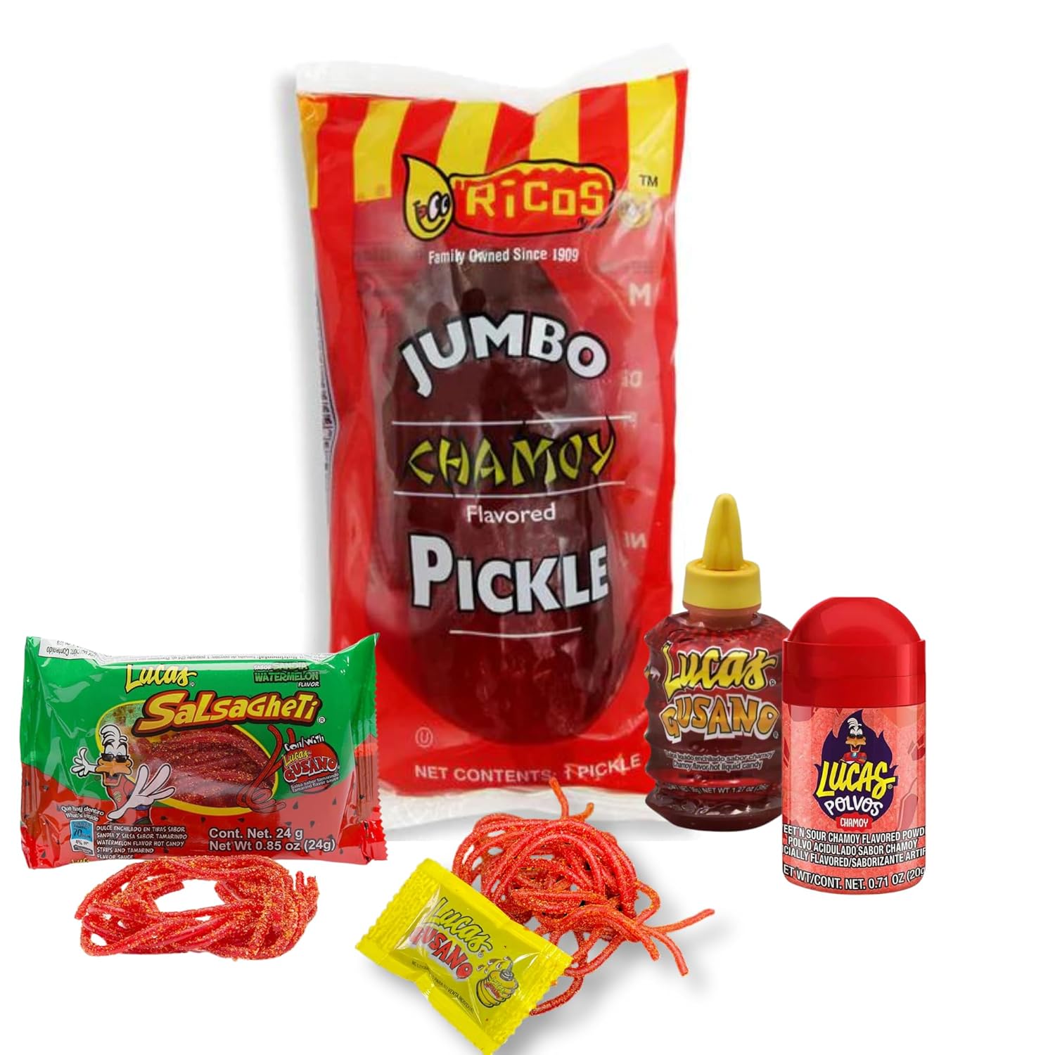Chamoy Pickle Kit de 4 artículos  Juego de pepinillos de lujo con pepinillo Ricos, Lucas Skwinkles Salsagheti mexicano dulce cuerdas, chamoy en