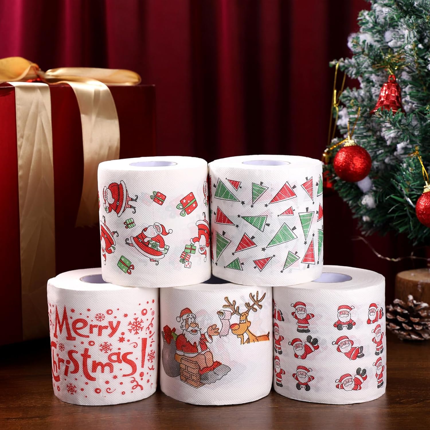 MAGICLULU Rollo de papel higiénico de Navidad, 5 unidades, decoraciones navideñas, papel higiénico divertido para baño de Navidad