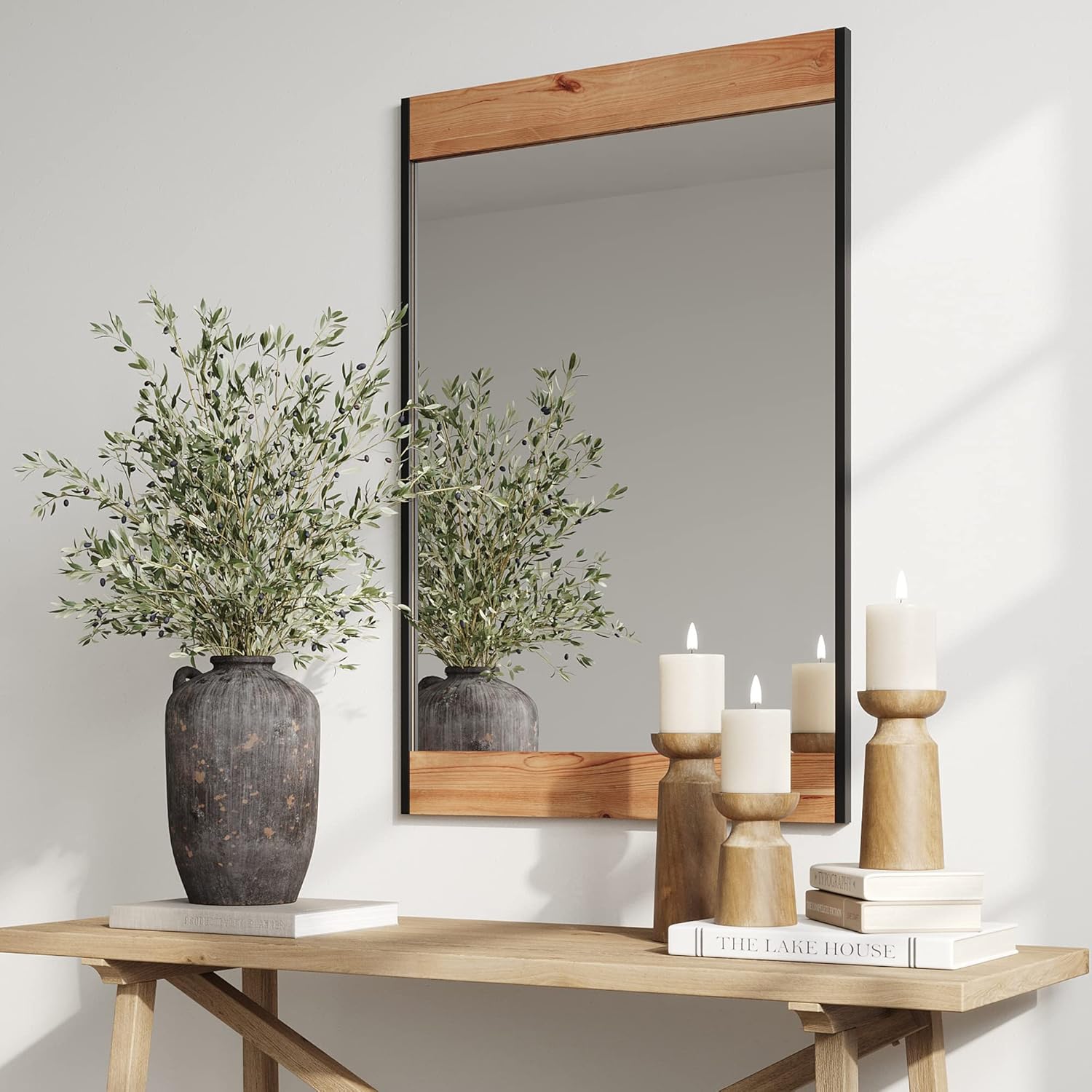 Barnyard Designs Espejo de pared de madera estilo casa de campo de 24 x 36 pulgadas, espejo moderno con marco de metal rústico y madera para tocador