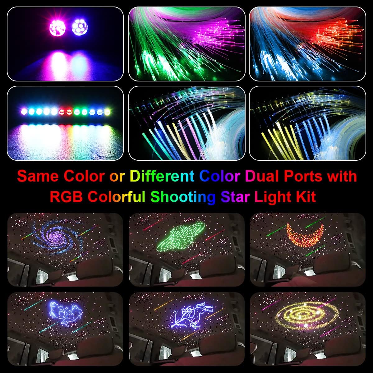 AKEPO 20W RGBW Twinkle Dual-Head Diferentes Color APP Luces de fibra óptica, kit de luz de meteorito colorido+900pcs 0.03in 9.8ft Fibra óptica Star