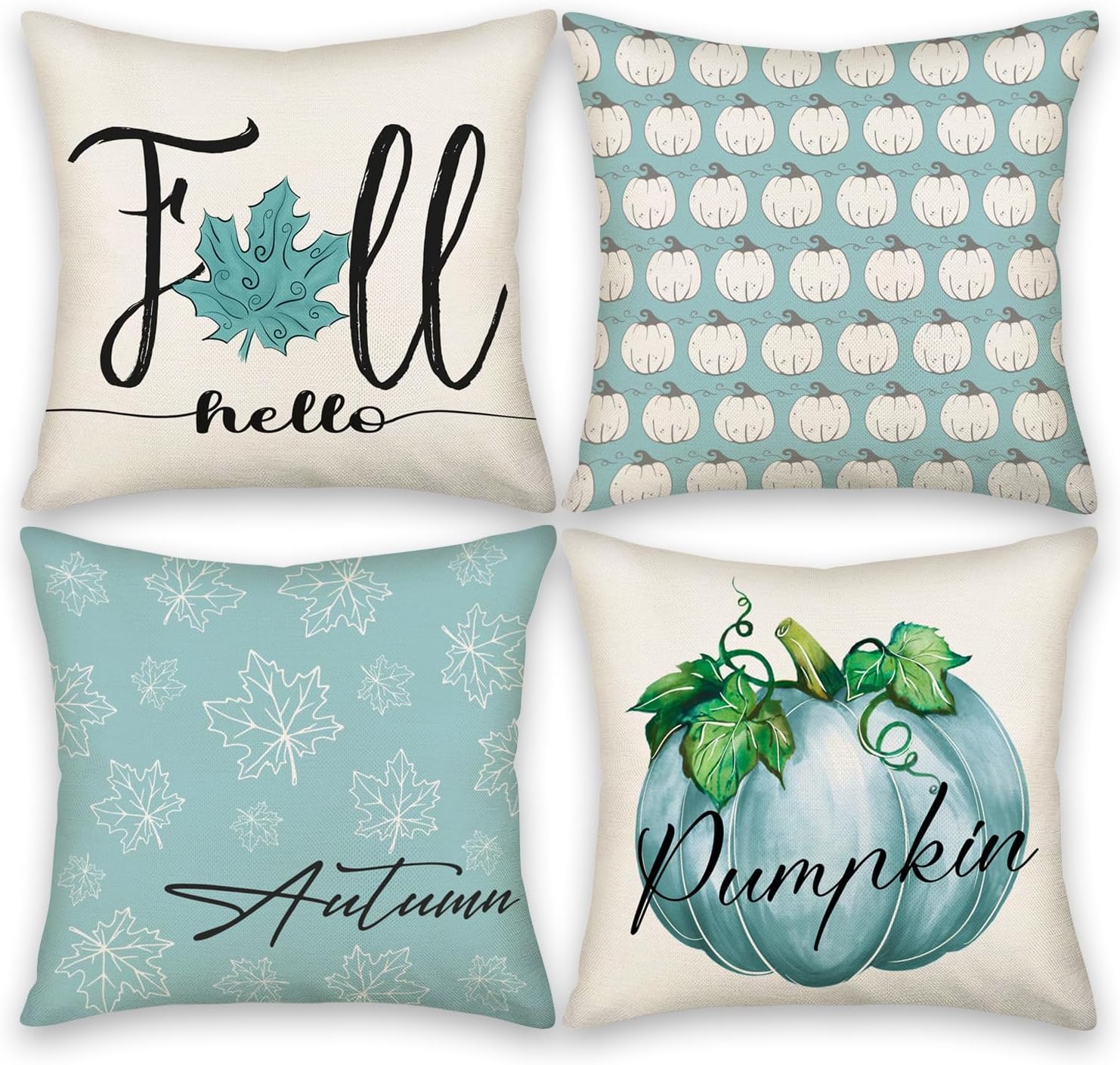 Juego de 4 fundas de almohada azules de otoño de 18 x 18 pulgadas para decoración de otoño, calabaza y hojas de arce para exteriores, almohadas