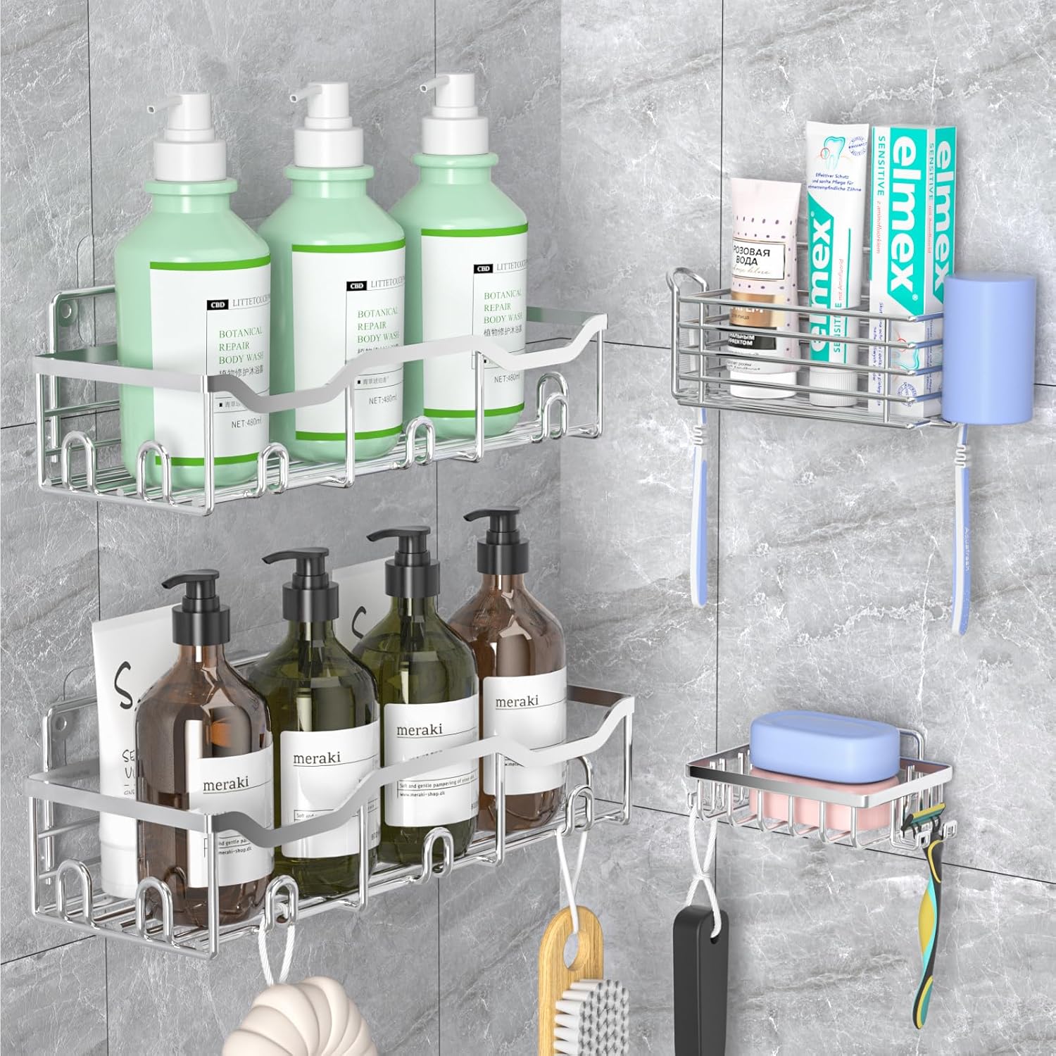 ASTOFLI Paquete de 4 estantes de ducha adhesivos de acero inoxidable, organizador de ducha de baño de gran capacidad, estante de ducha para ducha