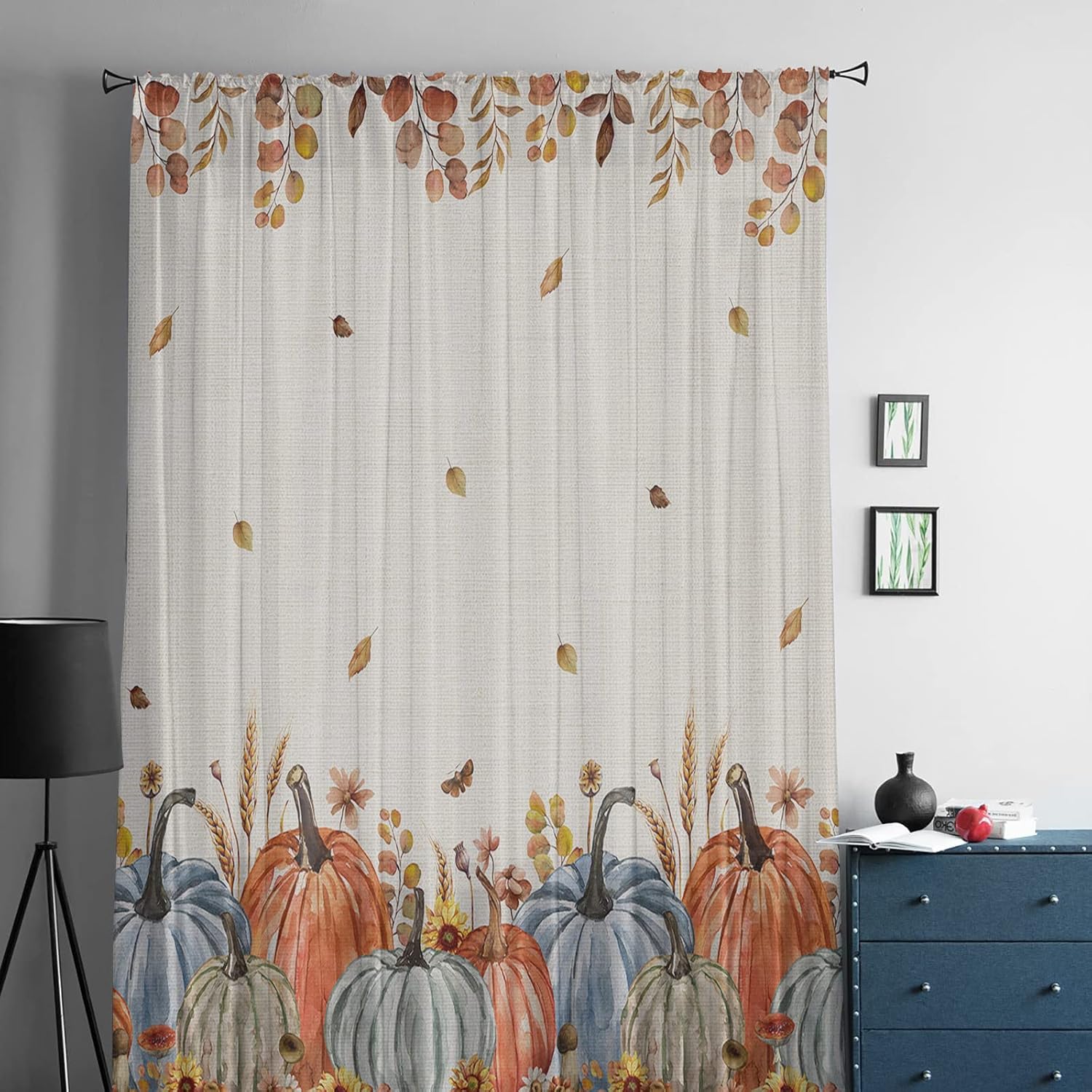 Cortinas de gasa de otoño con diseño de calabazas azules y naranjas de 54 pulgadas de largo, elegantes paneles de ventana de hoja de arce de Acción