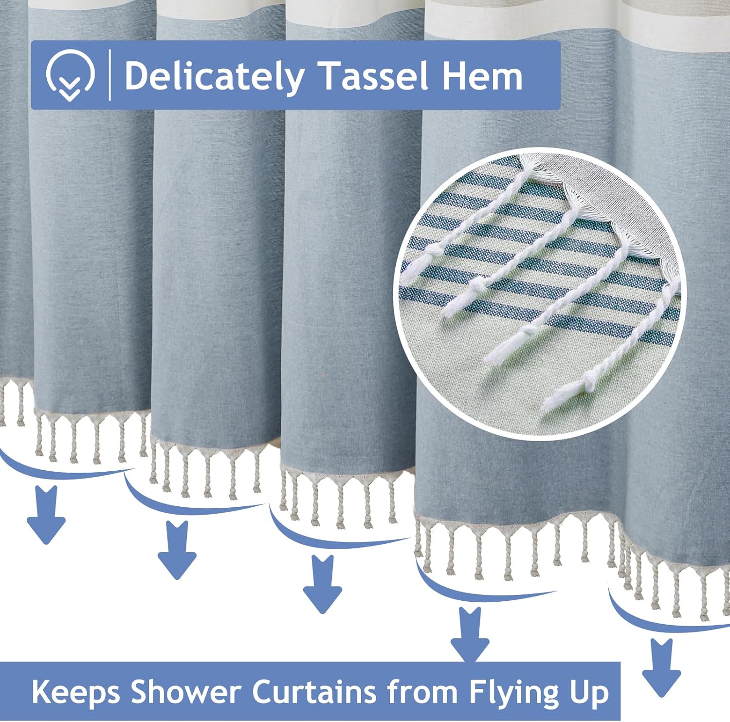 Juego de cortinas de ducha de baño, cortinas de ducha a rayas azules y grises para baño, impermeable, lavable a máquina, tamaño de 72 x 72 pulgadas,