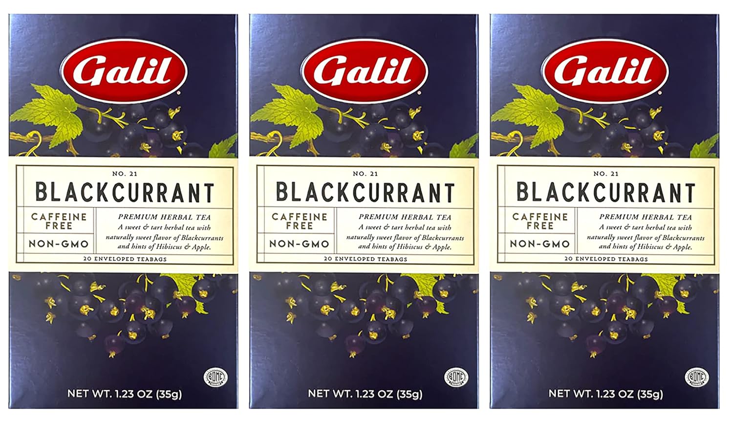 Galil Té de grosella negra, paquete de 3, té de hierbas sin cafeína, té Kosher certificado, bolsas de té de frutas sin OMG, 20 unidades, 60 bolsitas