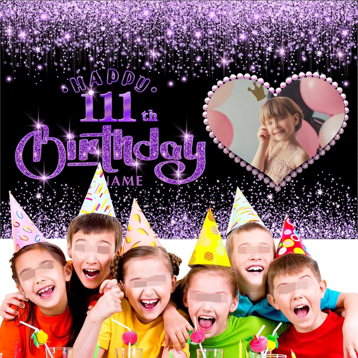 Cartel personalizable de decoración de feliz cumpleaños número 111, negro y morado brillante, tamaño grande