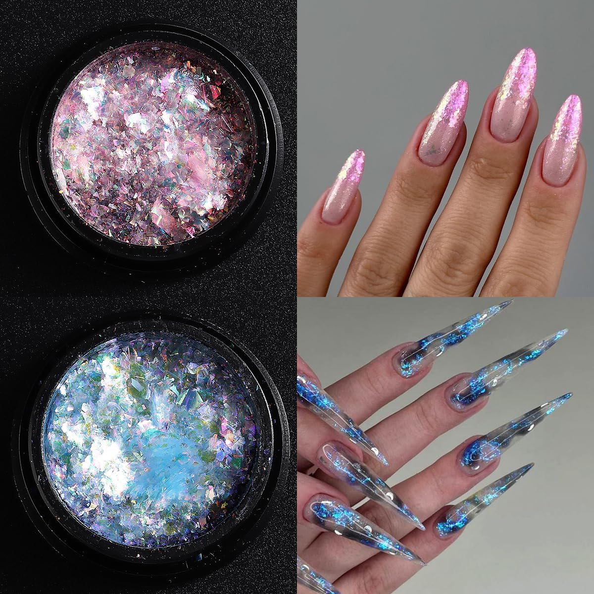 Juego de purpurina iridiscente para uñas, 6 copos de polvo cromado, efecto Aurora para uñas, escamas de ópalo de fuego de cristal rosa, azul,