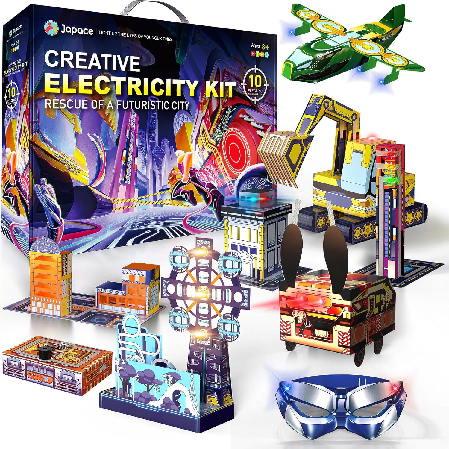Japace Kits de ciencia de electricidad para niños de 8 a 10 a 12 a 14 años, 10 proyectos STEM, actividades de circuitos eléctricos, experimentos de