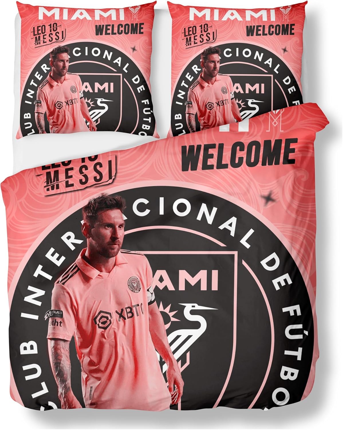 Miami – Juego de ropa de cama de fútbol, juego de funda de edredón de fútbol rosa, juego de ropa de cama de fútbol de microfibra suave, 3 piezas,