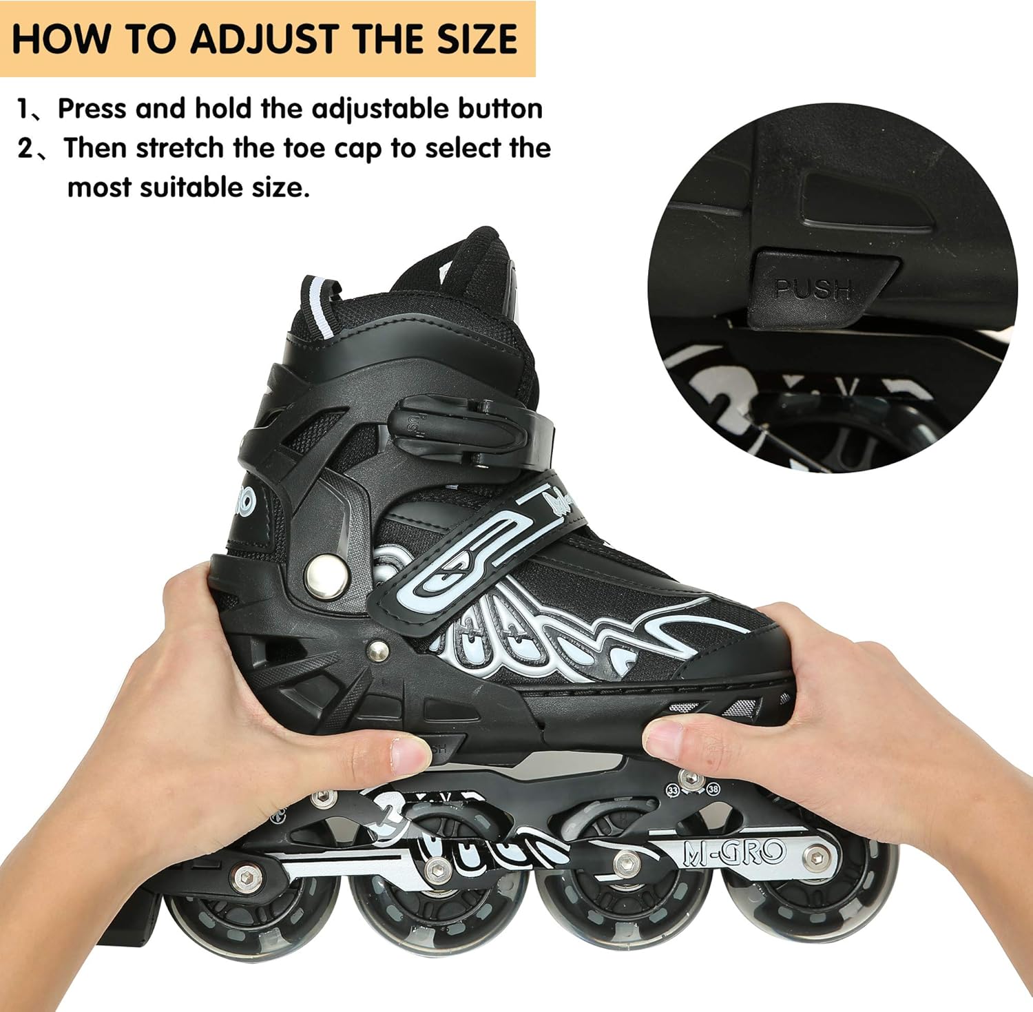 M-GRO Patines en línea ajustables con todas las ruedas iluminadoras y herramientas para exteriores para niños y adultos, niños, niñas, principiantes