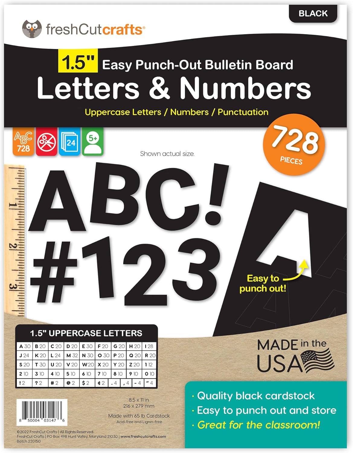 FreshCut Crafts Letras y números para tablón de anuncios, color negro de 1.5 pulgadas, letras del alfabeto mayúsculas, números, puntuación, tarjetas