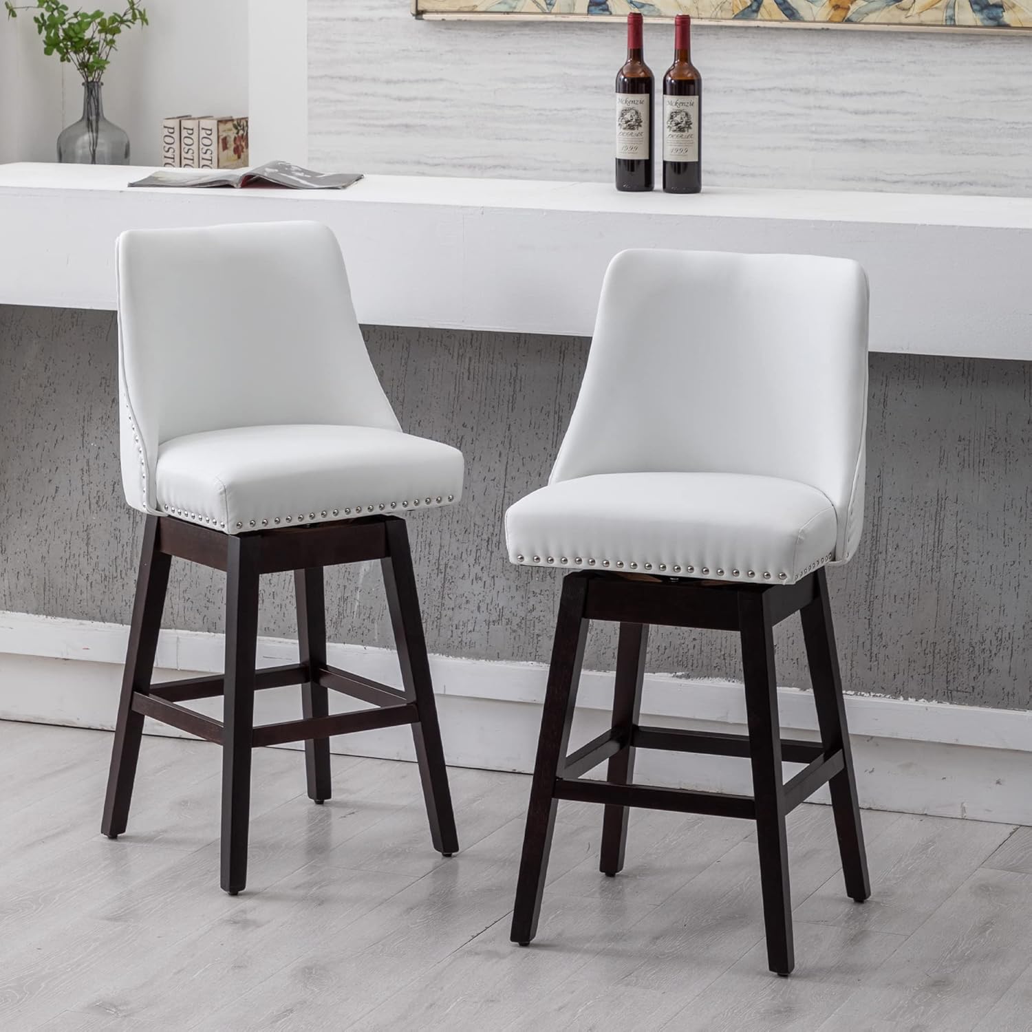 Taburetes de bar de altura de mostrador de 27.5 pulgadas, taburetes de cocina de piel sintética con respaldo, taburetes de bar giratorios de 360 con