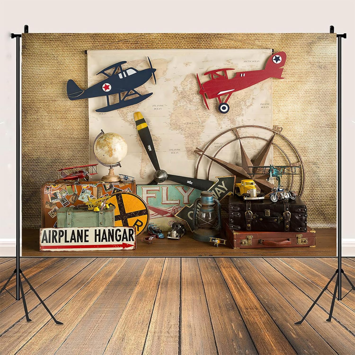 Telones de fondo de sueño volador para niños, decoración de fiesta de primer cumpleaños, mapa piloto, avión, maleta de viaje, fondo de fotos, baby