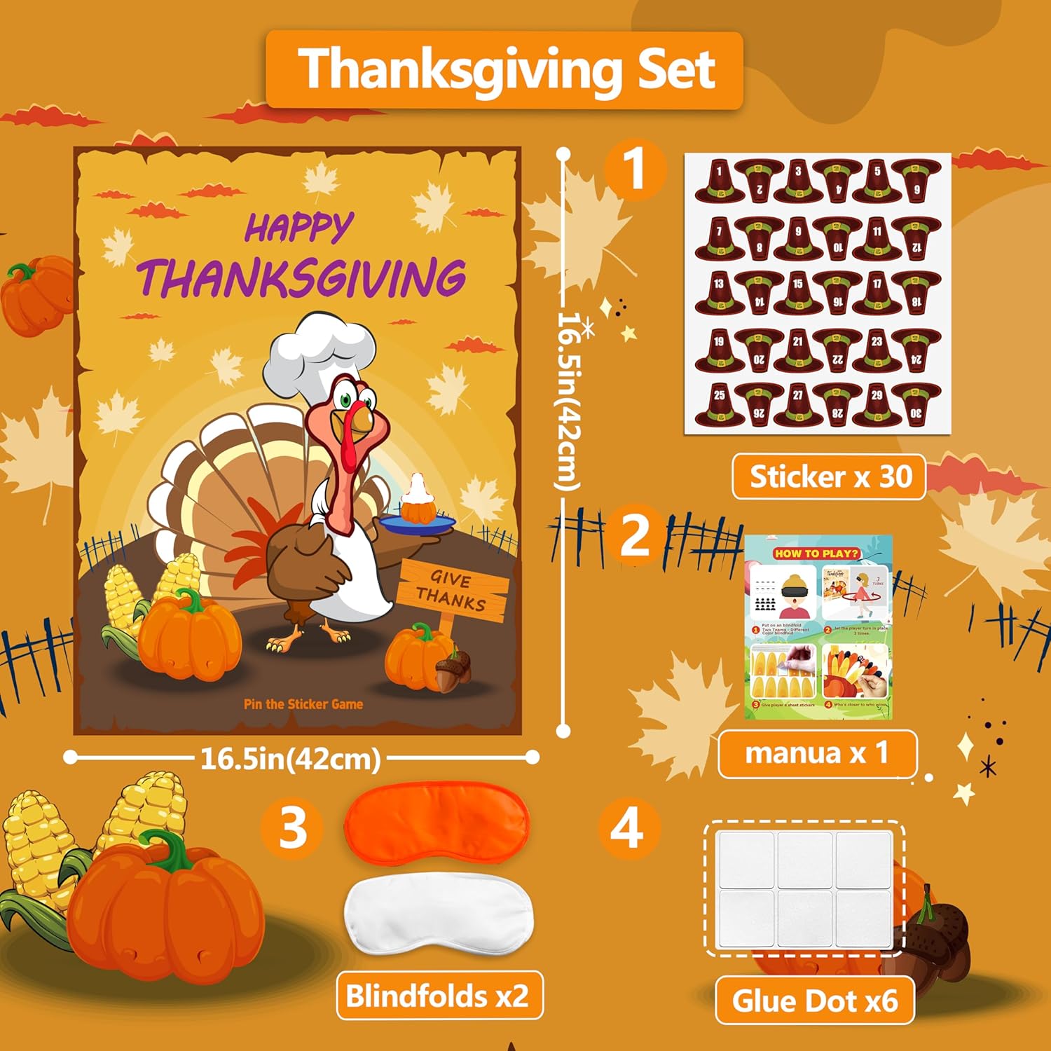 Juegos de Acción de Gracias para niños familiares, Pin The Tail on the Turkey Stickers Juegos para niños, actividades de decoración de fiesta de