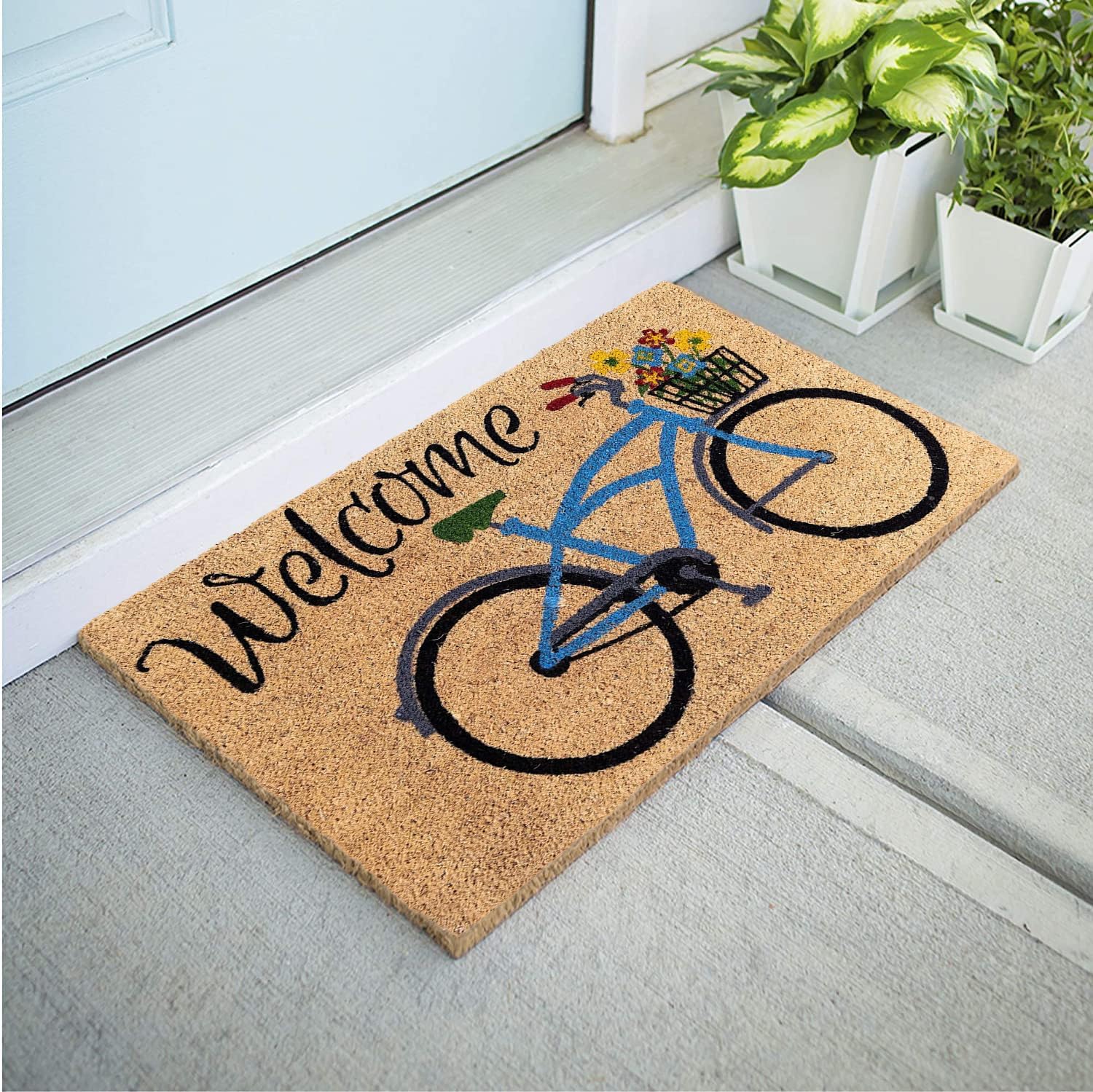 Bicicleta de bienvenida con flores, felpudo de fibra de coco natural, parte trasera antideslizante