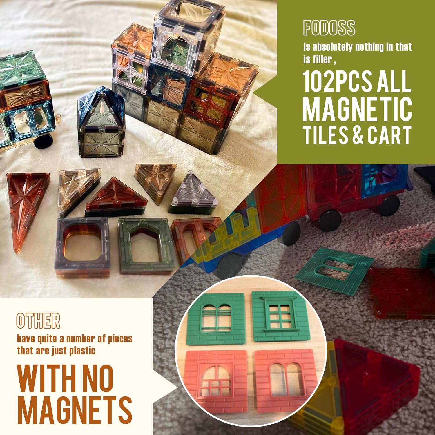 Fodoss Azulejos magnéticos, juego de 102 piezas innovadoras de azulejos magnéticos 3D, juguetes de construcción magnéticos para niños, aprendizaje