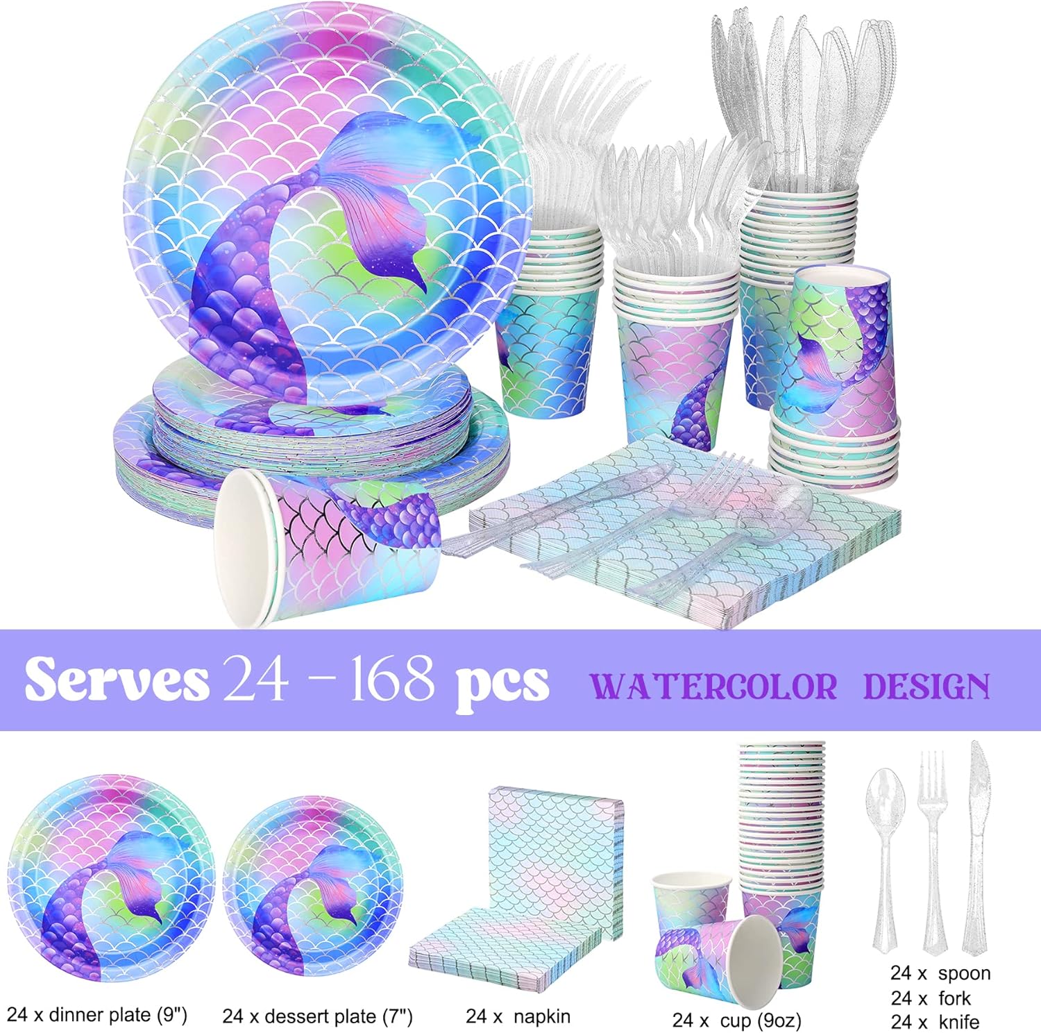 309 piezas de suministros de fiesta de cumpleaños de sirena (sirve 24), decoraciones de fiesta de cumpleaños de sirena para niñas, decoración de