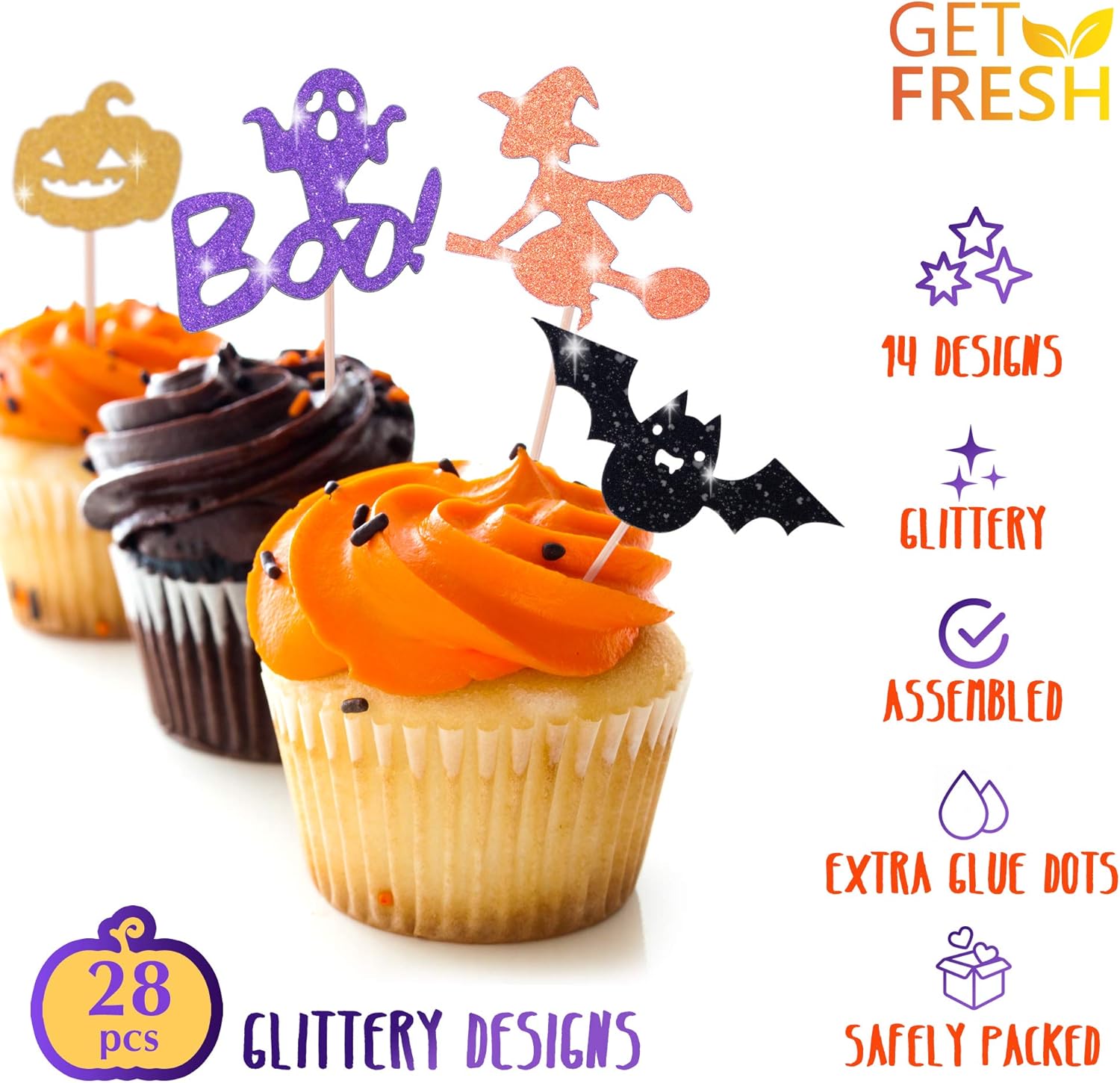 Juego de adornos para cupcakes de Halloween, juego de 28 piezas brillantes, estrella fantasma de bruja murciélago, decoración de palillos de comida