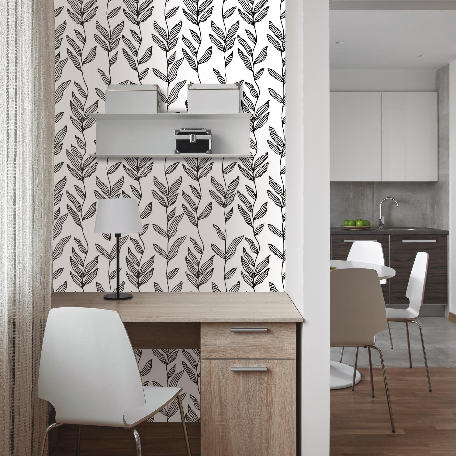 Papel tapiz autoadhesivo extraíble en blanco y negro, papel de contacto con hojas florales, moderno vinilo impermeable para cubrir paredes,