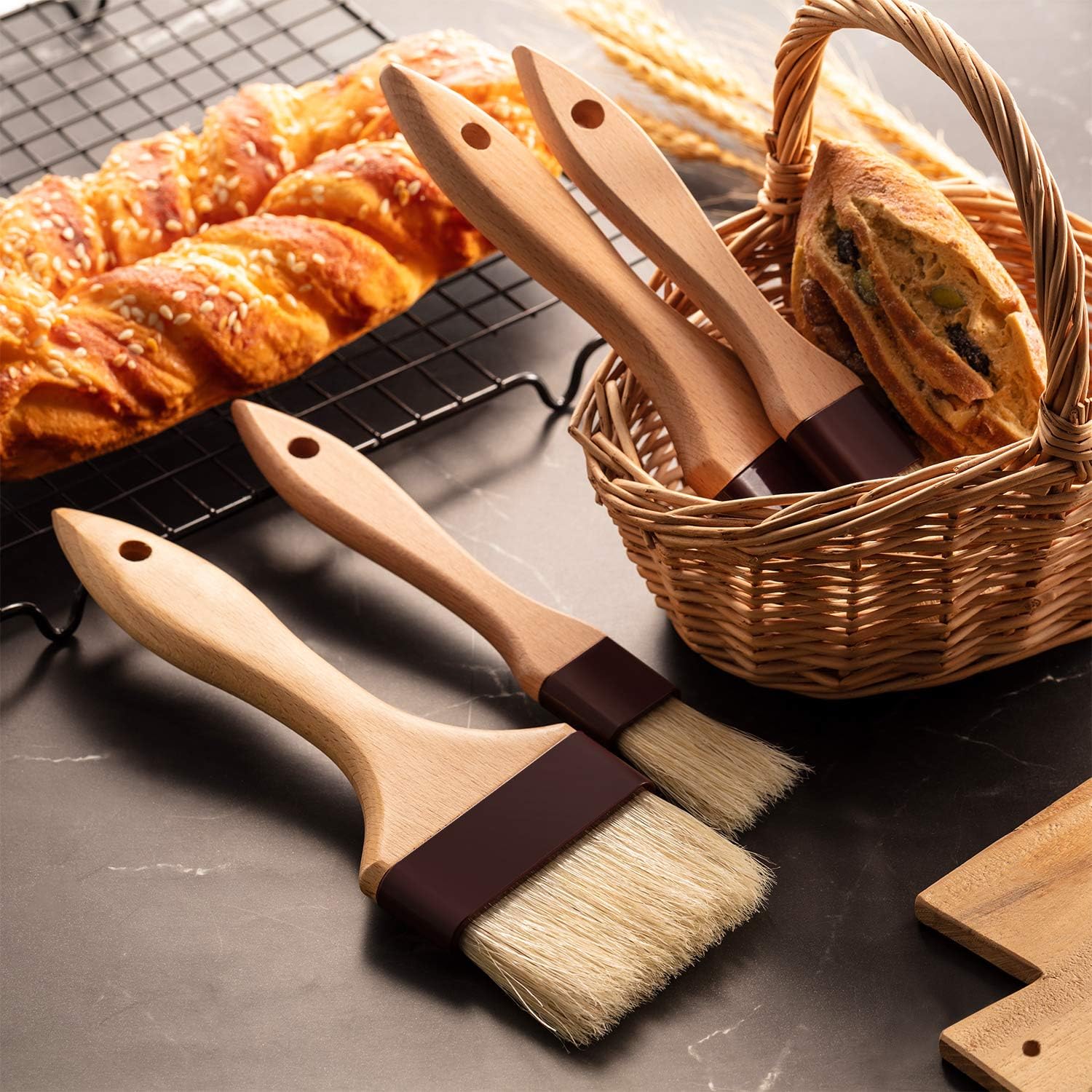 Boao 4 cepillos de pastelería para hornear con cerdas naturales para barbacoa, cepillo de aceite con mango de madera, cepillo de alimentos para