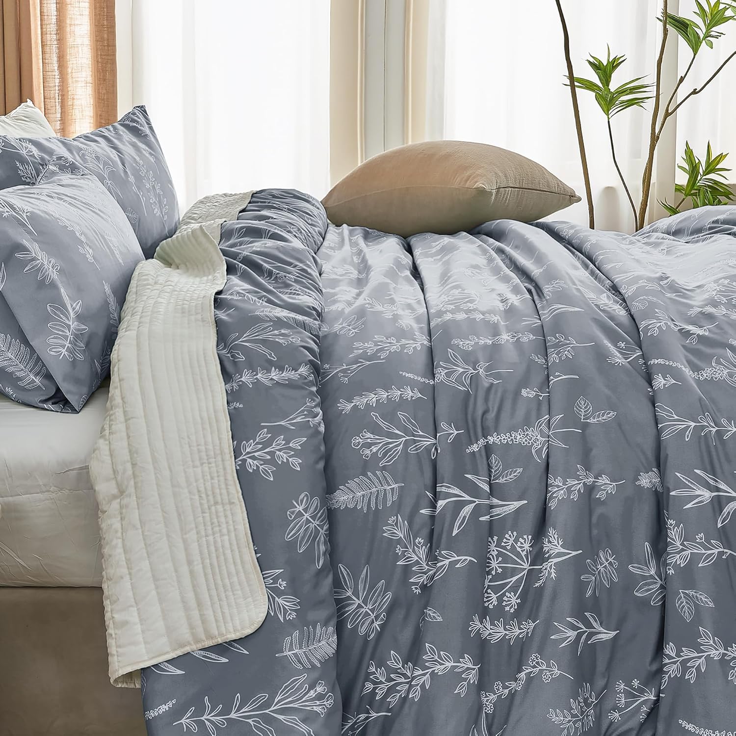 Juego de funda de edredón tamaño King, reversible floral gris con cierre de cremallera, juego de ropa de cama de microfibra suave de 3 piezas con