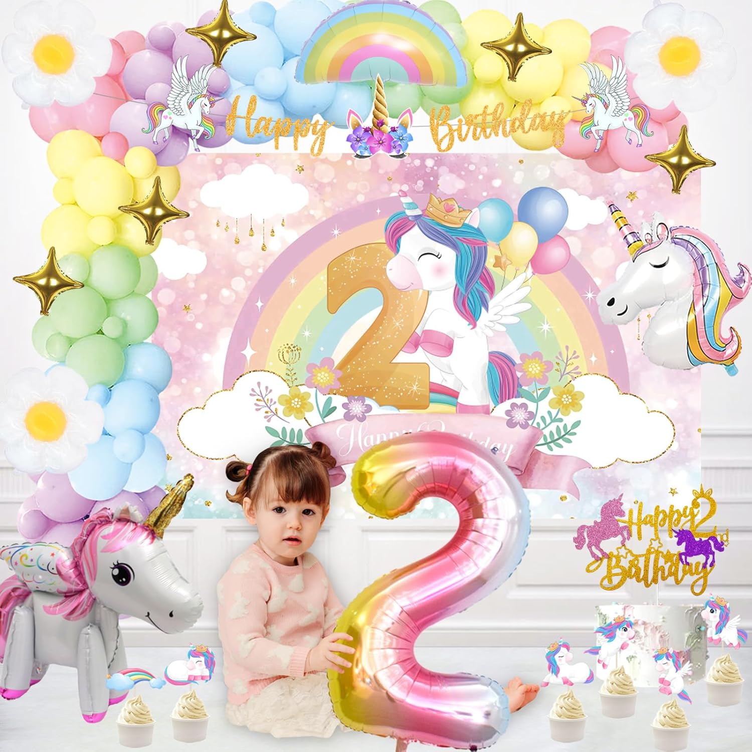 128 decoraciones de unicornio para el segundo cumpleaños para niñas, decoraciones de fiesta de cumpleaños de unicornio de Fiesec de dos años,