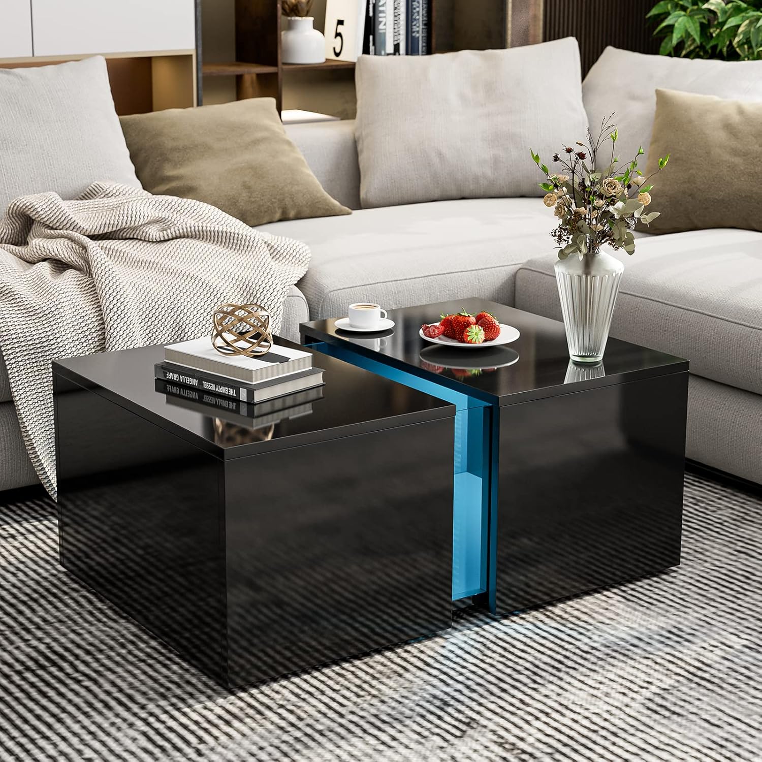 Moderna mesa de centro LED con compartimento oculto retráctil, tamaño pequeño, mesa auxiliar de almacenamiento de sofá de alto brillo para sala de