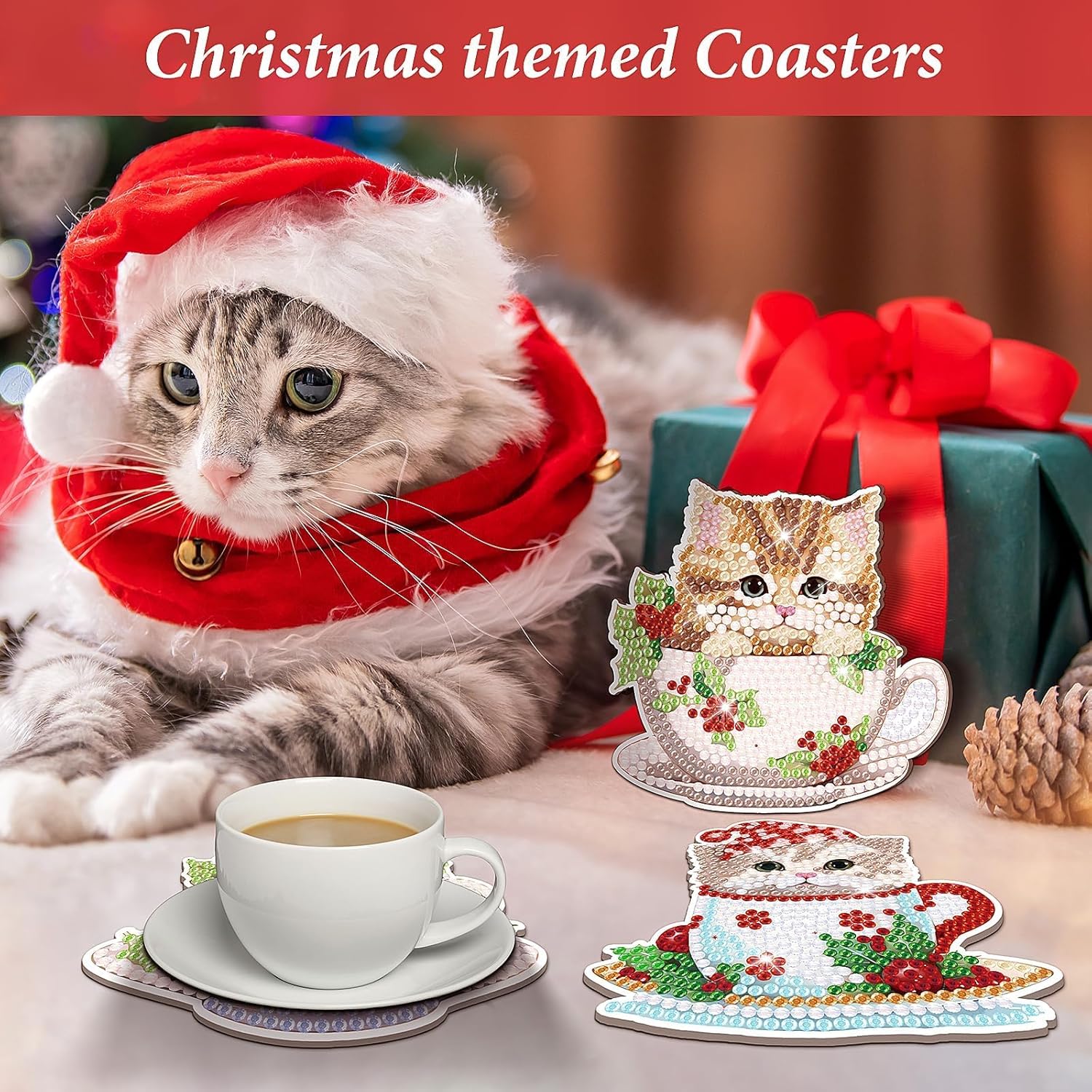 Juego de 8 posavasos de Navidad con diseño de diamantes para gatos con soporte para taza de Navidad, posavasos de arte de diamantes con bases de