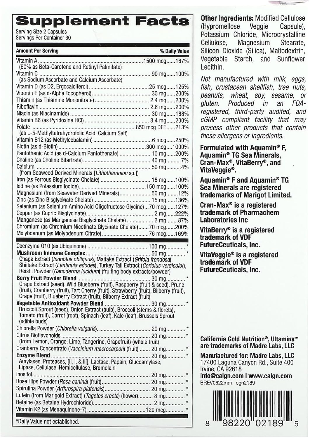 California Gold Nutrition Ultamins Multivitamínico para mujer con CoQ10, hongos, enzimas, verduras y bayas, 60 cápsulas vegetales