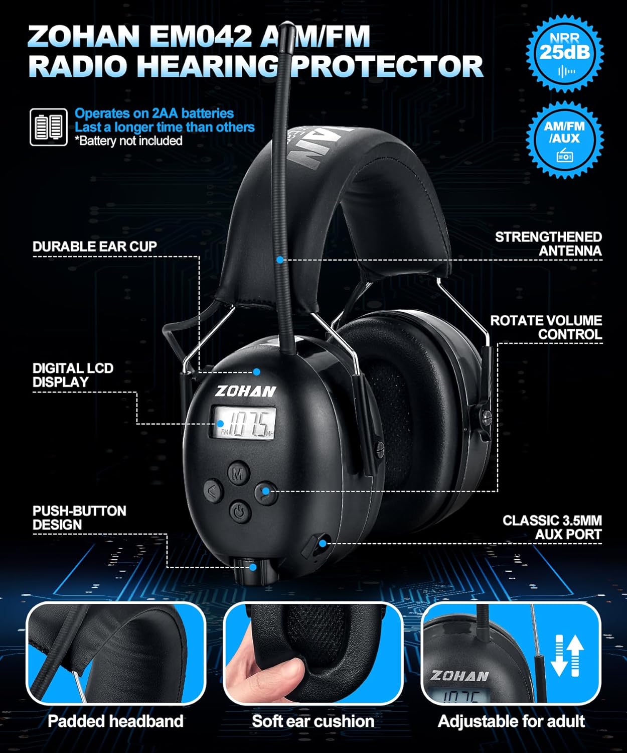 ZOHAN EM042 Auriculares de radio AMFM con pantalla digital, orejeras de seguridad con reducción de ruido para cortar césped y paisajismo