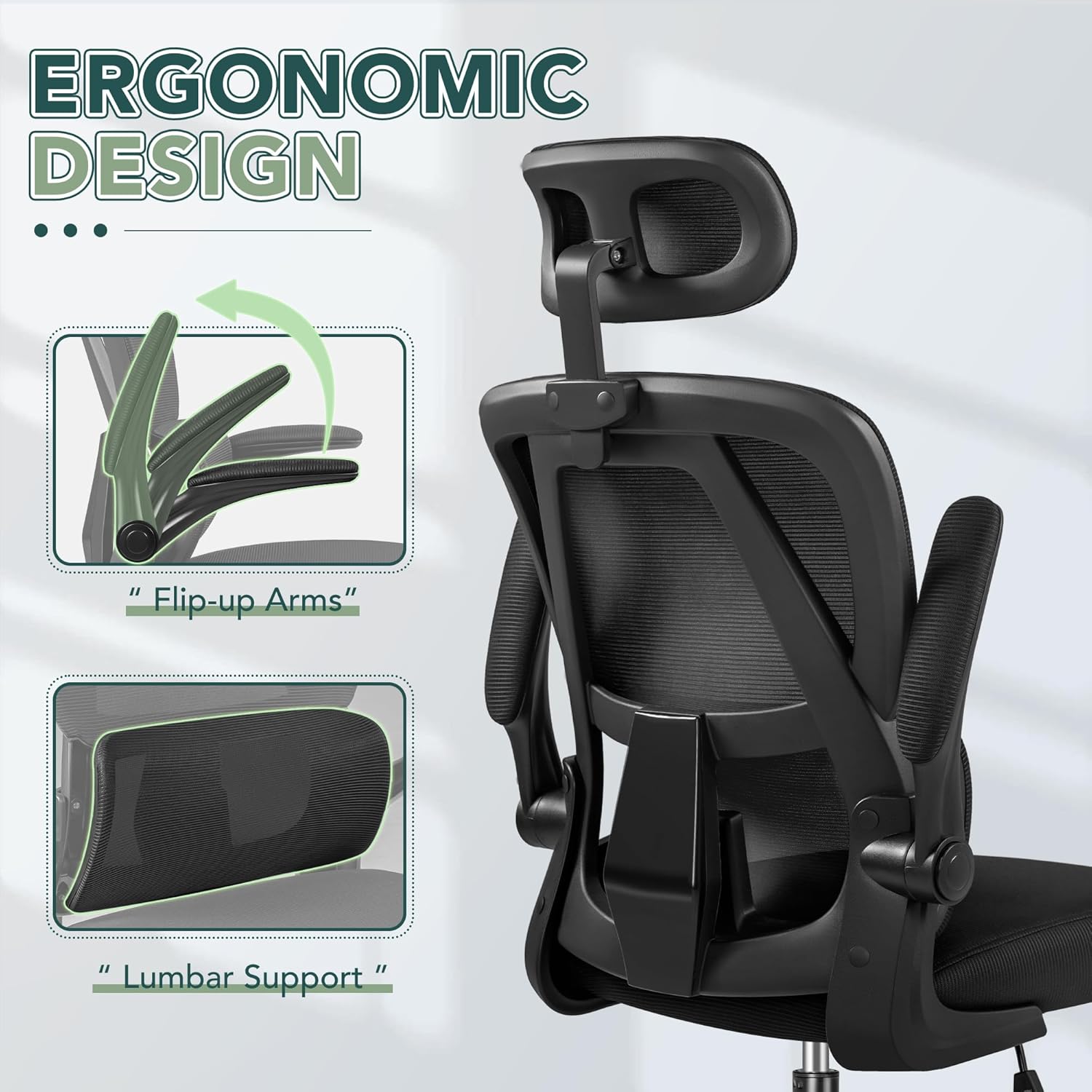 Silla de oficina ergonómica, asiento de malla transpirable, respaldo alto con soporte lumbar ajustable, reposacabezas y brazos abatibles, negro