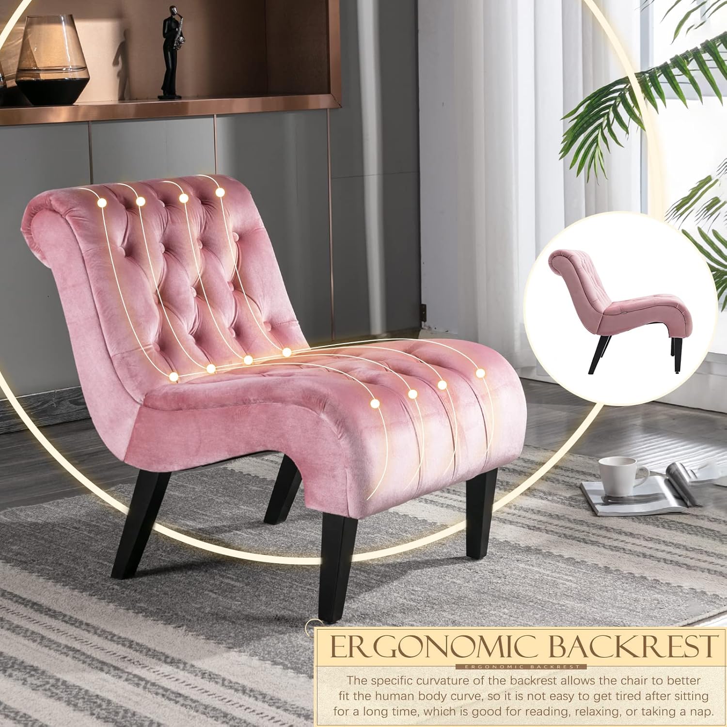 KINFFICT Sillón decorativo de terciopelo para sala de estar, silla de ocio moderna con respaldo copetudo, silla auxiliar sin brazos para interiores,