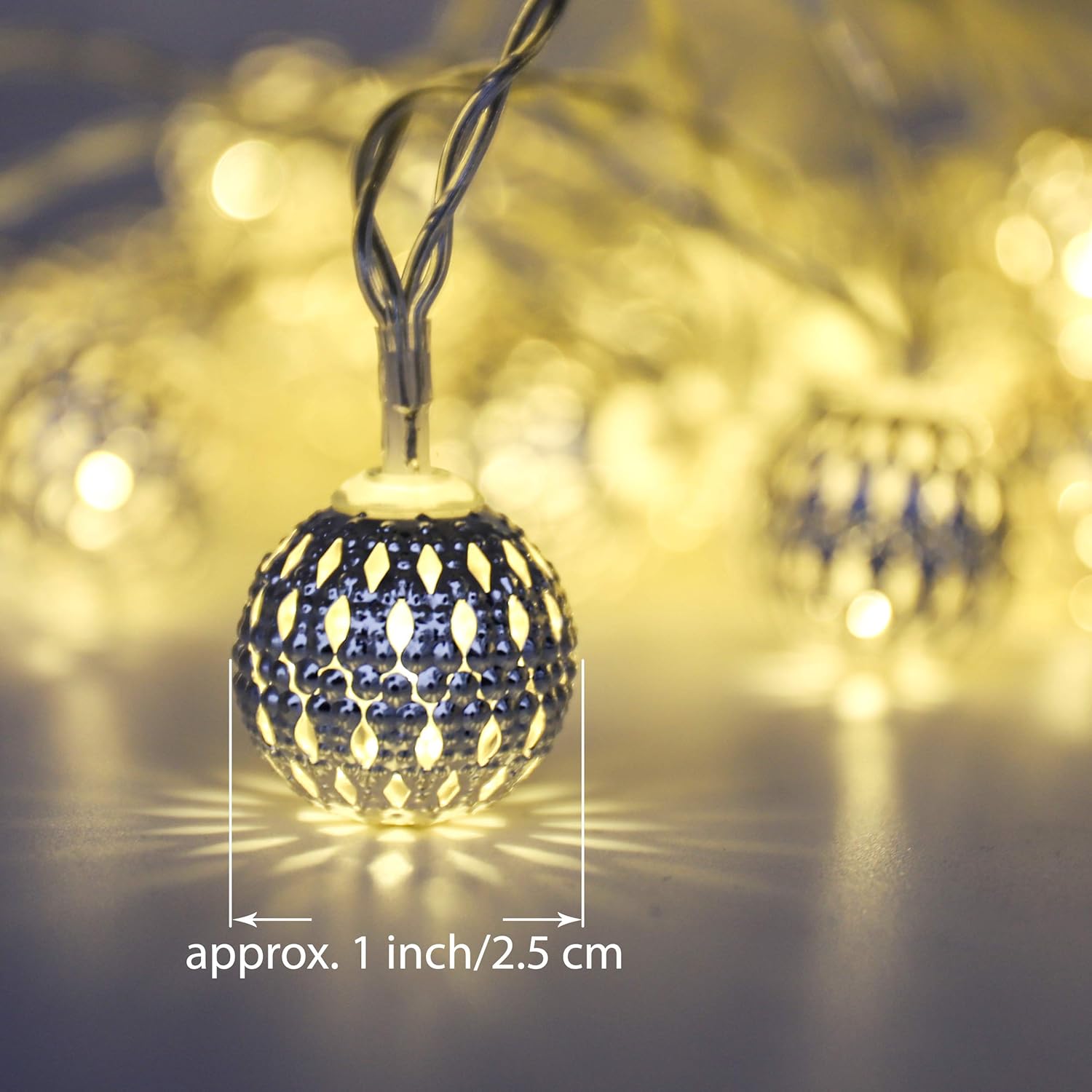 Guirnalda de luces marroquíes alimentadas por pilas, 40 luces LED plateadas con temporizador, luces blancas cálidas para bodas, vacaciones,