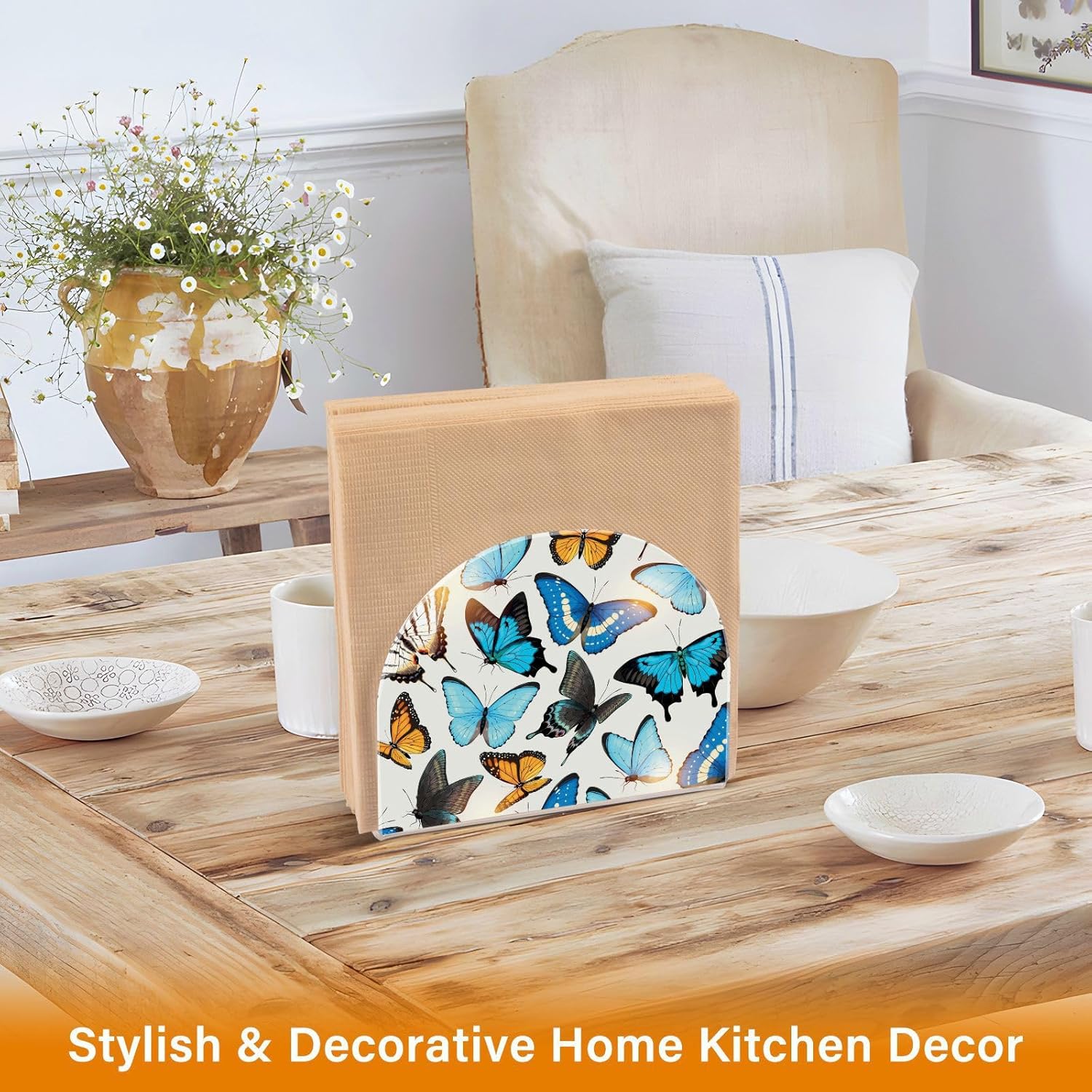 Hermoso soporte de servilleta de acrílico de mariposa transparente para mesa de cocina, soporte decorativo moderno para el hogar
