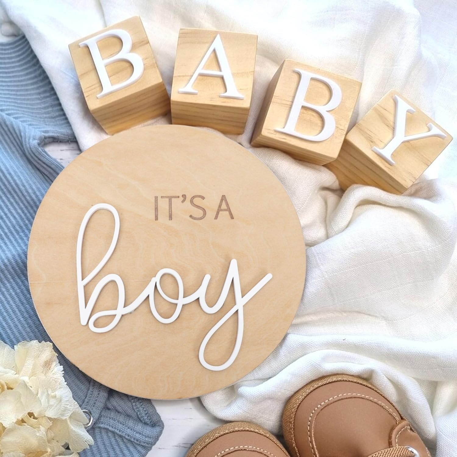 Letrero de madera de 1 pieza con texto en inglés “It’s a Boy” de madera para revelar el género, anuncio de embarazo acrílico para niño o niña,