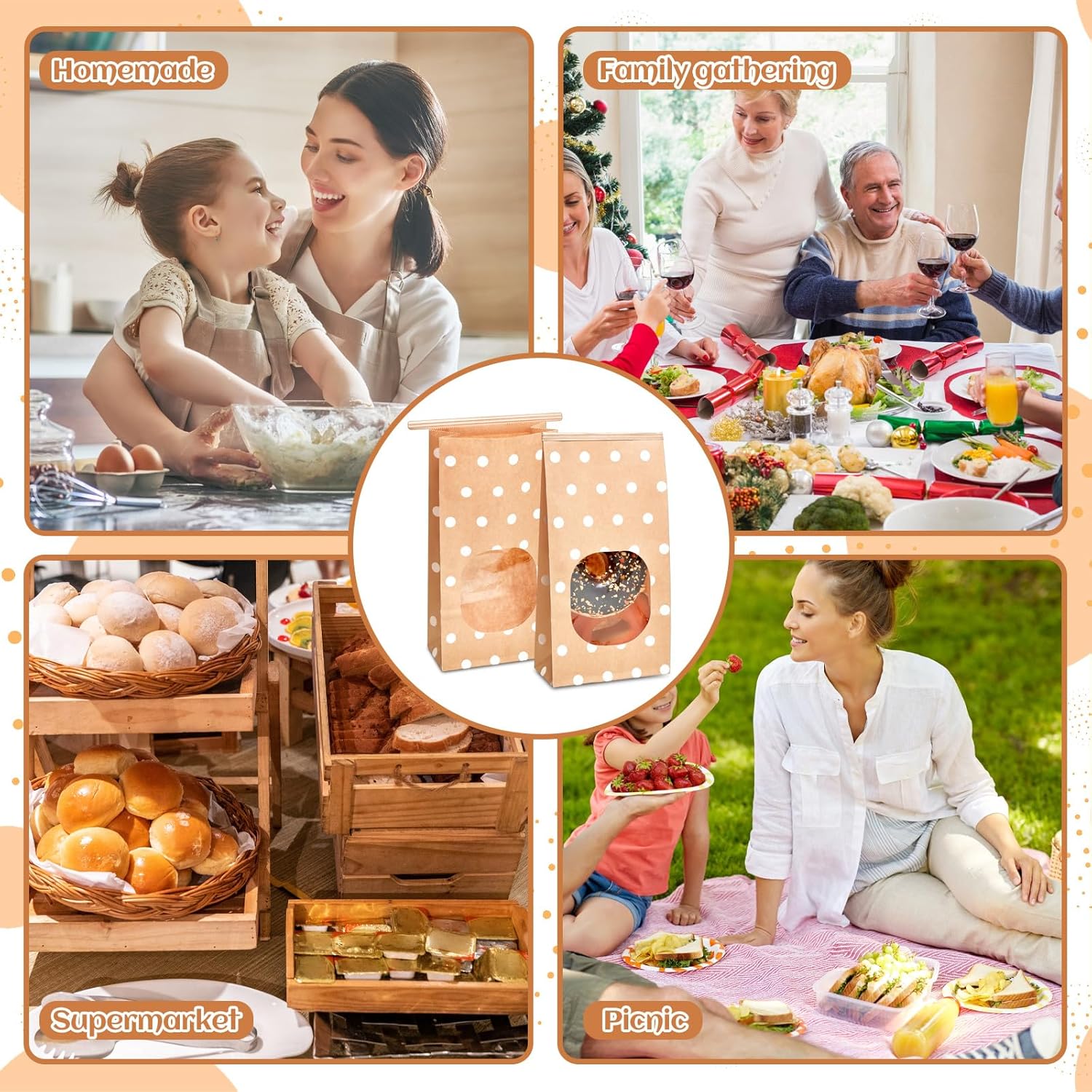 200 bolsas de panadería de 4.5 x 2.36 x 9.6 pulgadas con ventana, bolsas de papel marrón para galletas, bolsas de papel para golosinas, bolsas de
