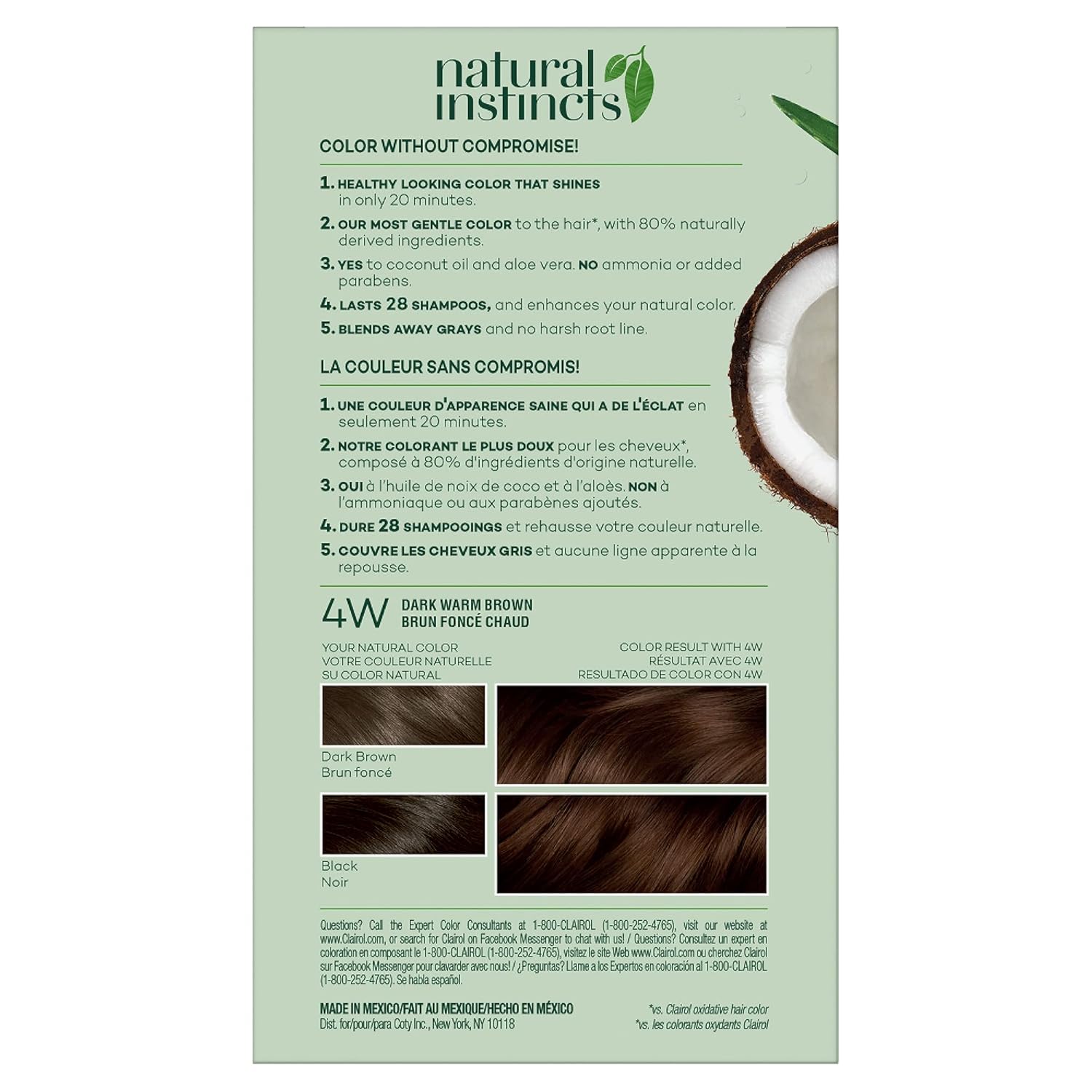 Clairol Natural Instincts – Tinte semipermanente para el cabello, color castaño cálido oscuro 4W, paquete de 2 unidades
