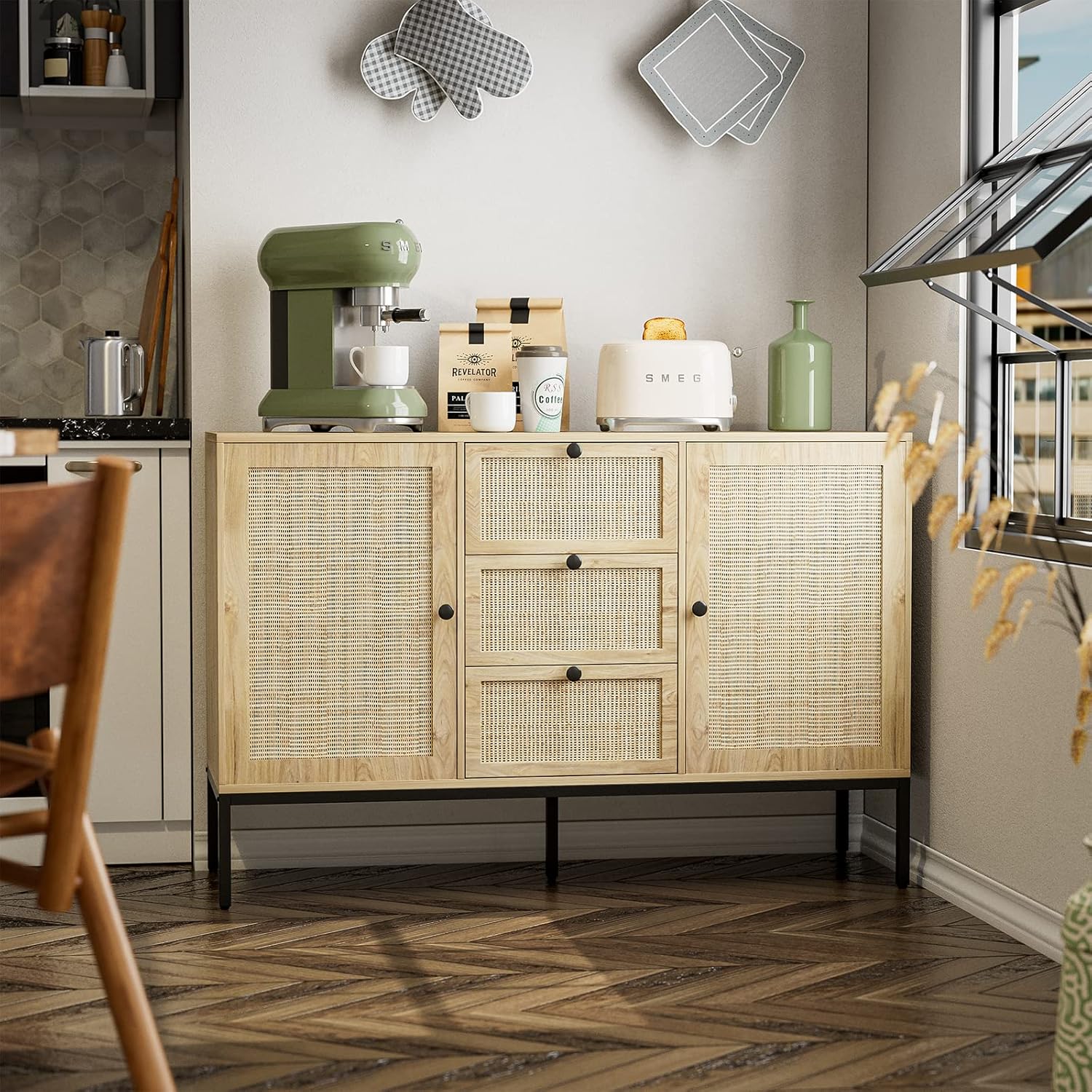 Aparador de ratán con almacenamiento, armario con puertas y estantes, armario decorativo con cajones para sala de estar, cocina, comedor, entrada