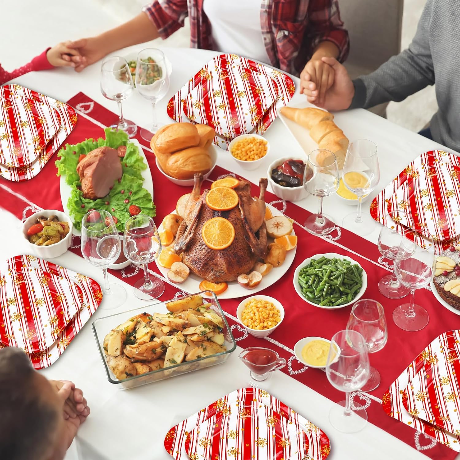Umigy 100 platos de papel de Navidad, platos desechables para cena, platos de papel de copo de nieve de oro rojo, platos de postre a granel de 7