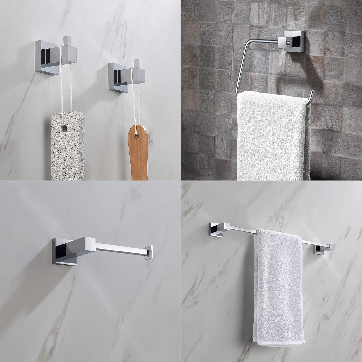 KIBI Cube – Juego de accesorios de baño de 5 piezas  Toallero (18 pulgadas), anillo para toallas, soporte para papel higiénico, ganchos para bata