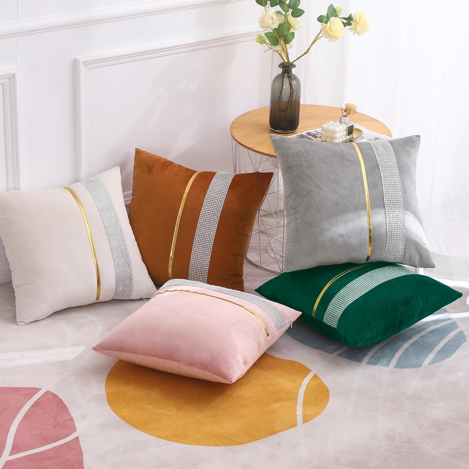 Fundas de almohada de terciopelo gris de 16 x 16 pulgadas, paquete de 2 con diamantes brillantes a rayas doradas de cuero dorado, fundas de almohada