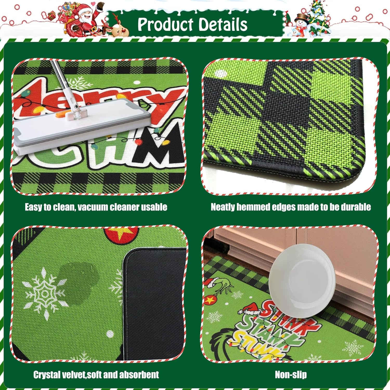 DIFKLMOX Juego de 2 tapetes de cocina con texto en inglés “Merry Christmas”, color rojo y verde, antideslizantes, absorbentes, tapetes de cocina