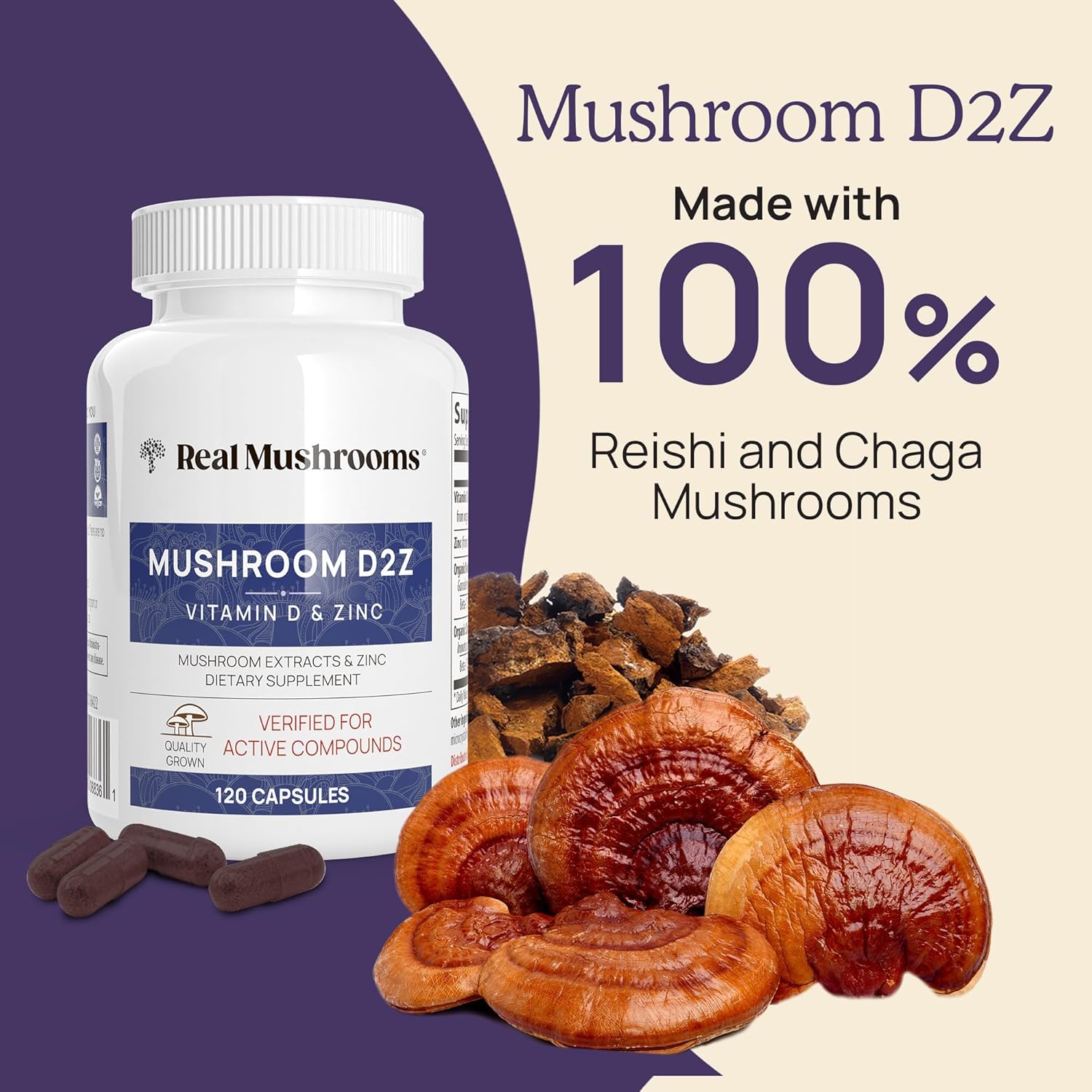 Real Mushrooms Paquete de vitamina D2, zinc, chaga, reishi (120 unidades) y cola de pavo (90 unidades)  Suplemento natural de fuerza inmunológica