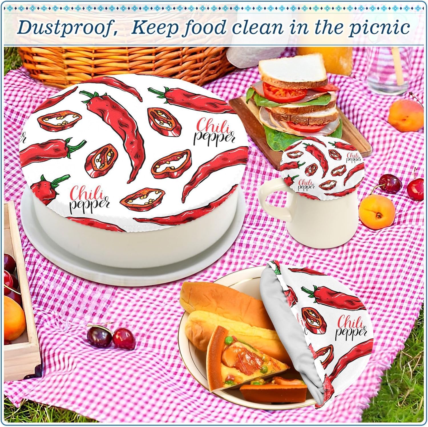 Chili Peppers – 5 fundas elásticas reutilizables para cuencos para almacenamiento de alimentos, tapas de tela elástica con 5 tamaños diferentes