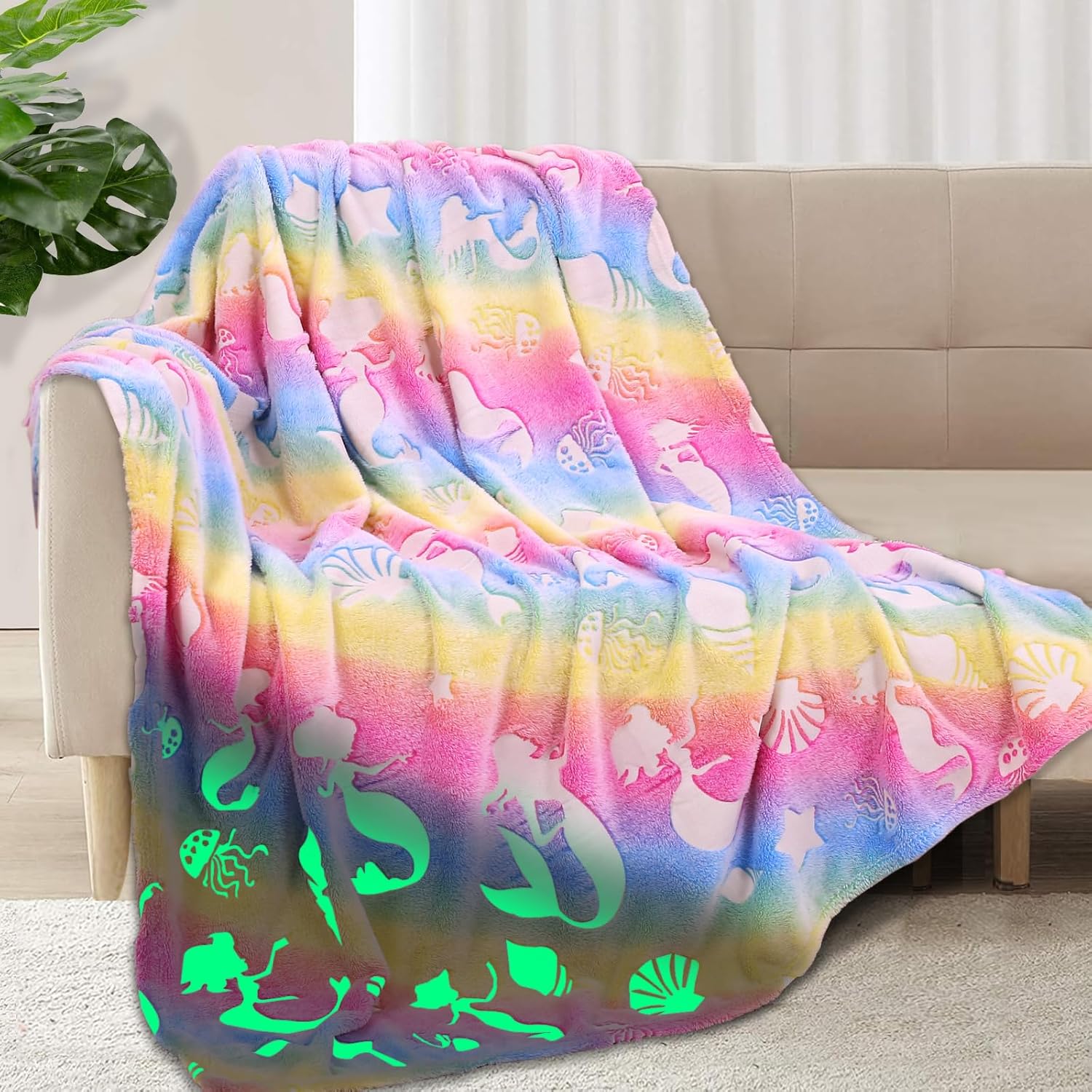 Manta que brilla en la oscuridad, manta suave y acogedora de sirena para niñas, regalo ideal para niños, 50 x 60 pulgadas, colorida