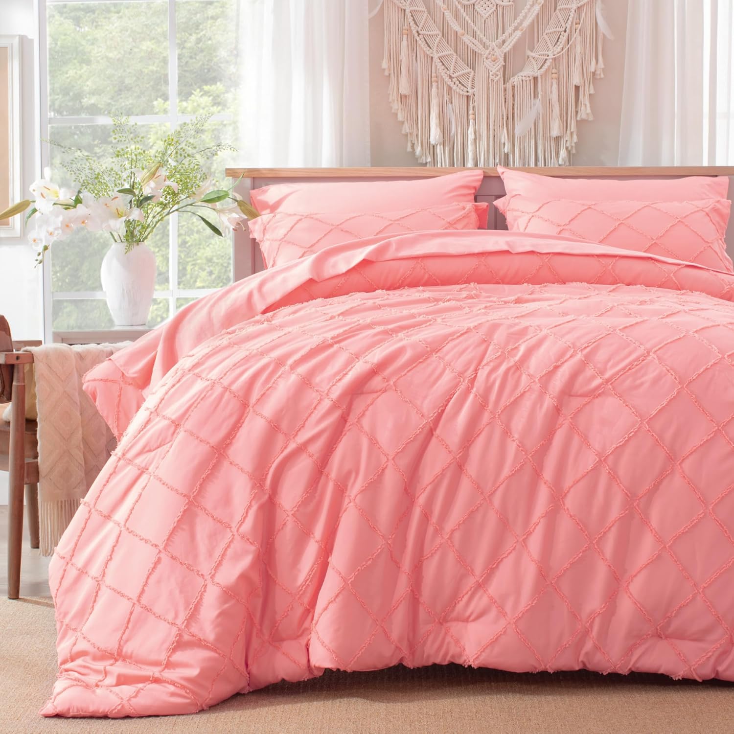 Gotroolhome Juego de edredón rosa coral con diseño copetudo, juegos de ropa de cama de granja para todas las estaciones, cama Queen suave de 7