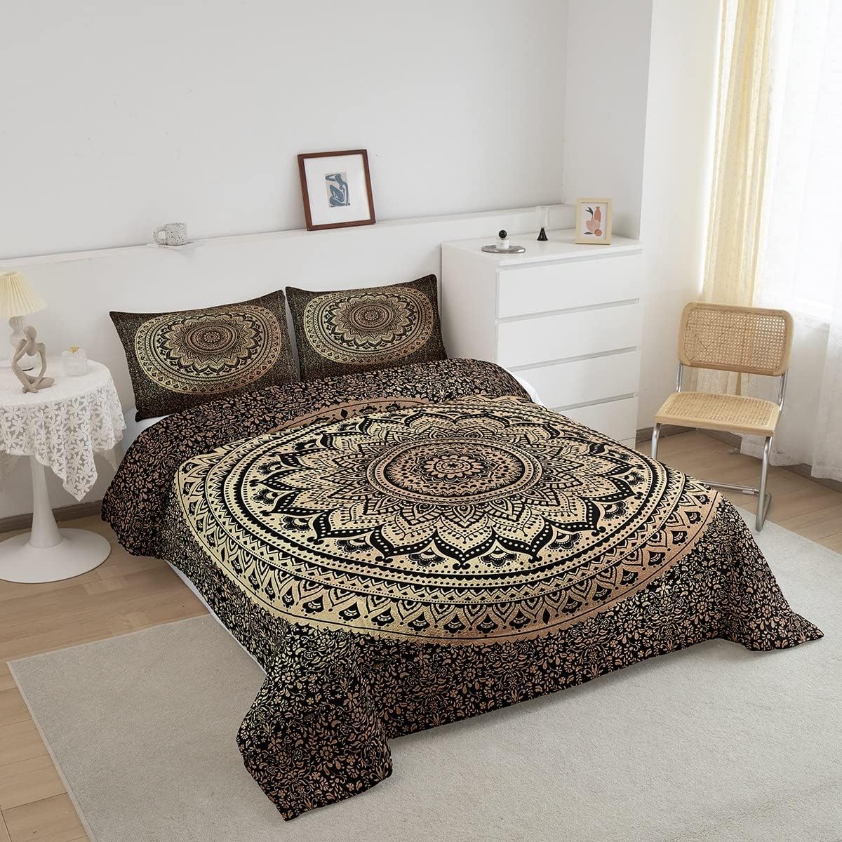 Castle Fairy Juego de edredón bohemio de mandala para niños, niñas, niños y adolescentes, edredón bohemio de 3 piezas, color marrón y negro, tamaño